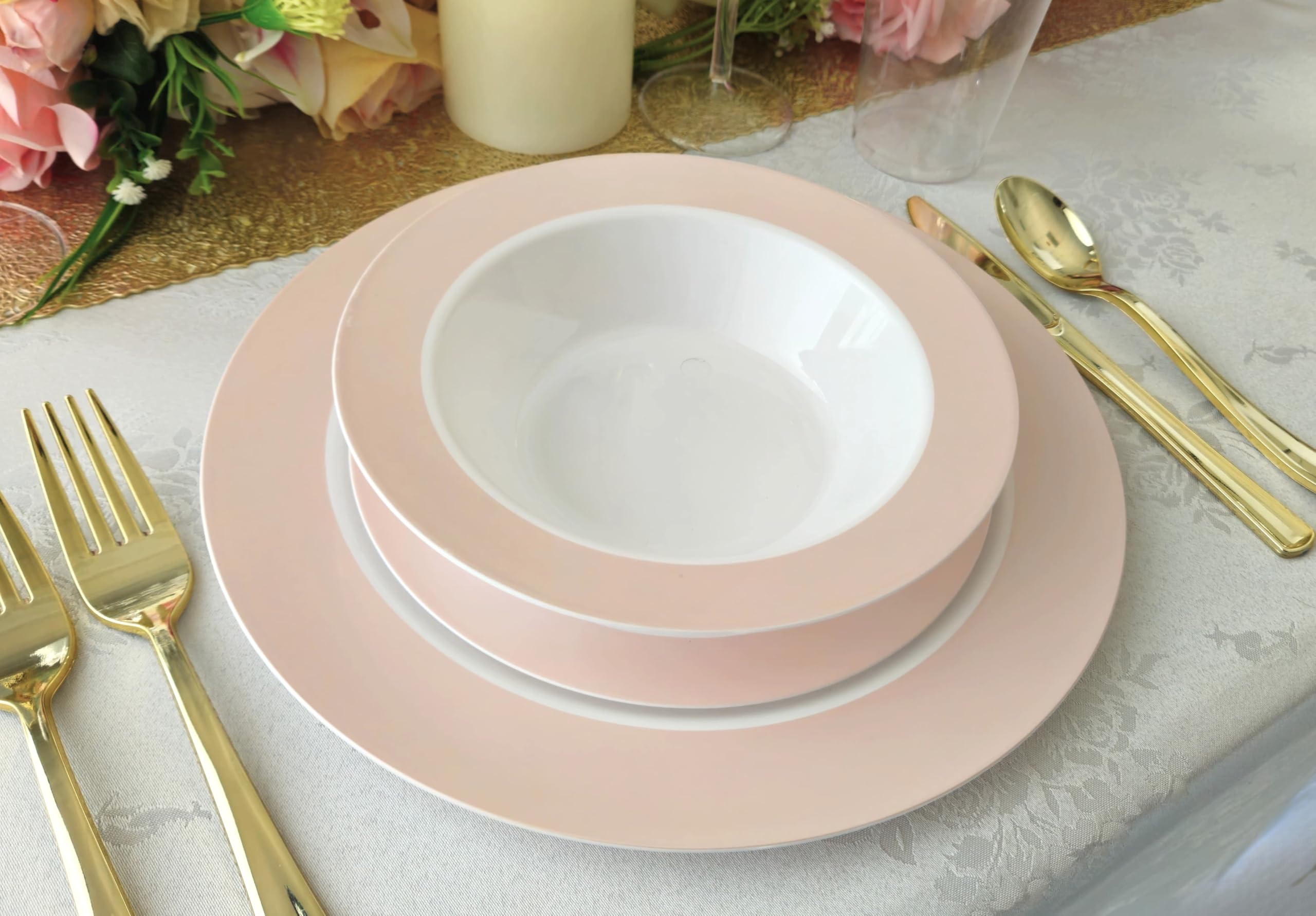 ' Occasions '' 40 Pieces Plates Pack, Disposable Wedding Party Plastic Bowls (12 Oz Soup Bowl, White In White & Pearled Pink Bl