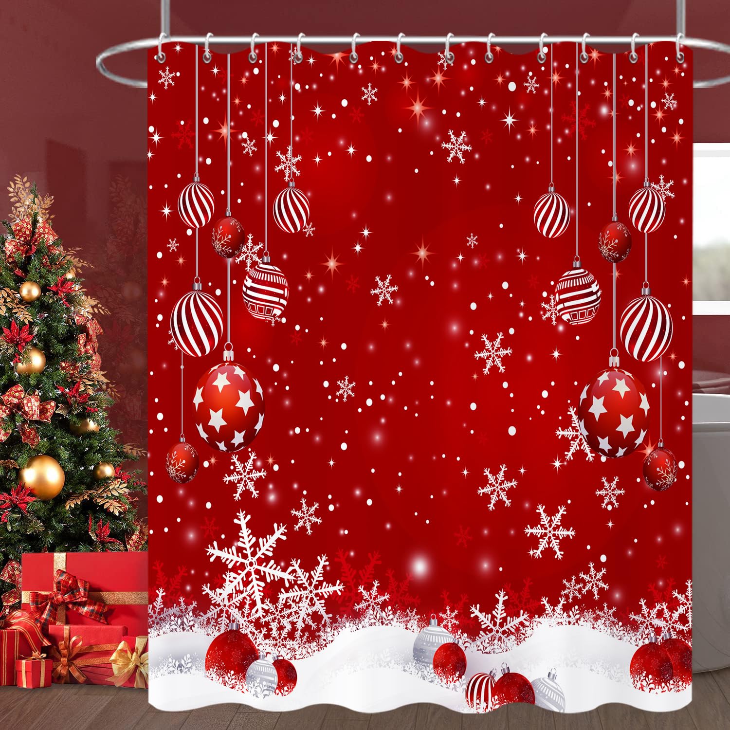 Caheansi Christmas Shower Curtain, Red Merry Xmas Glitter Sparkle Bokeh Snowflake Winter New Year Holiday Bathroom Curtain Water
