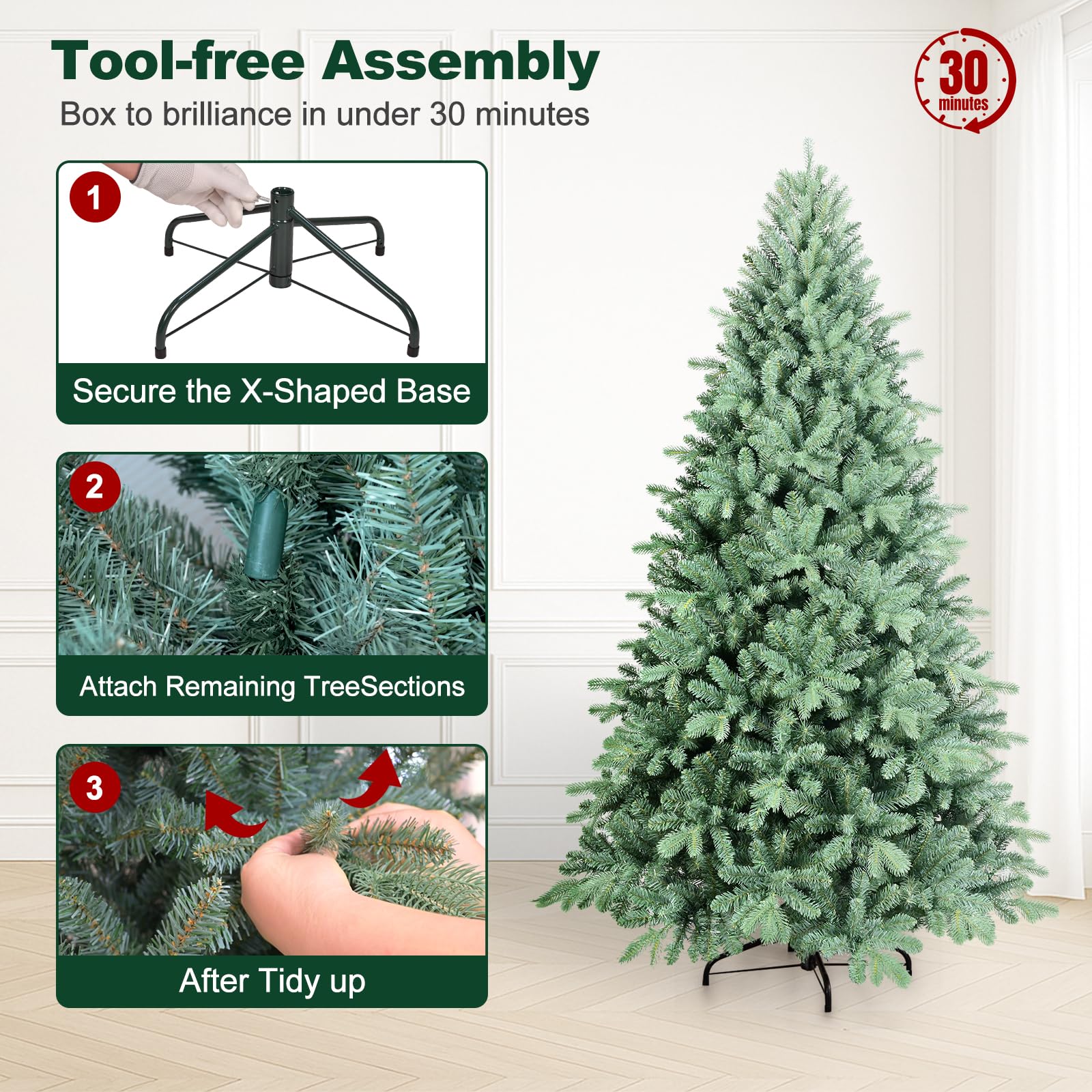 Bulexwish 6ft Blue Spruce Artificial Christmas Tree, Unlit Xmas Tree with Realistic PE/PVC Needles & Easy Setup Hinged Design, C