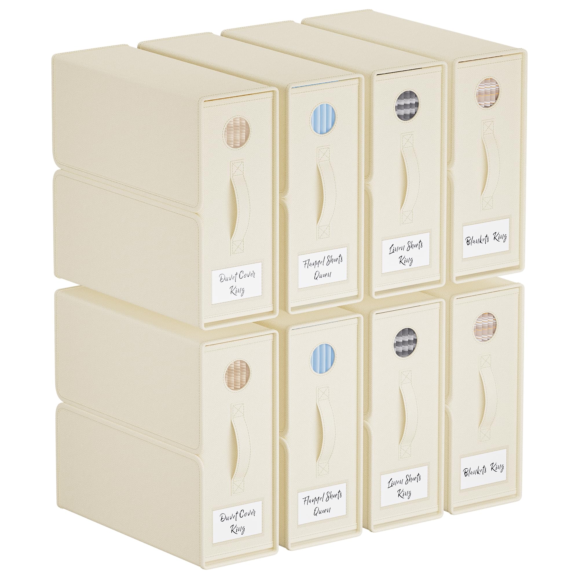 TRZZ Sheet Organizers and Storage, 8-Pack, Queen/King Size (Beige), Foldable Sheet Set Organizer, Fabric Storage Bins for Bed Sh