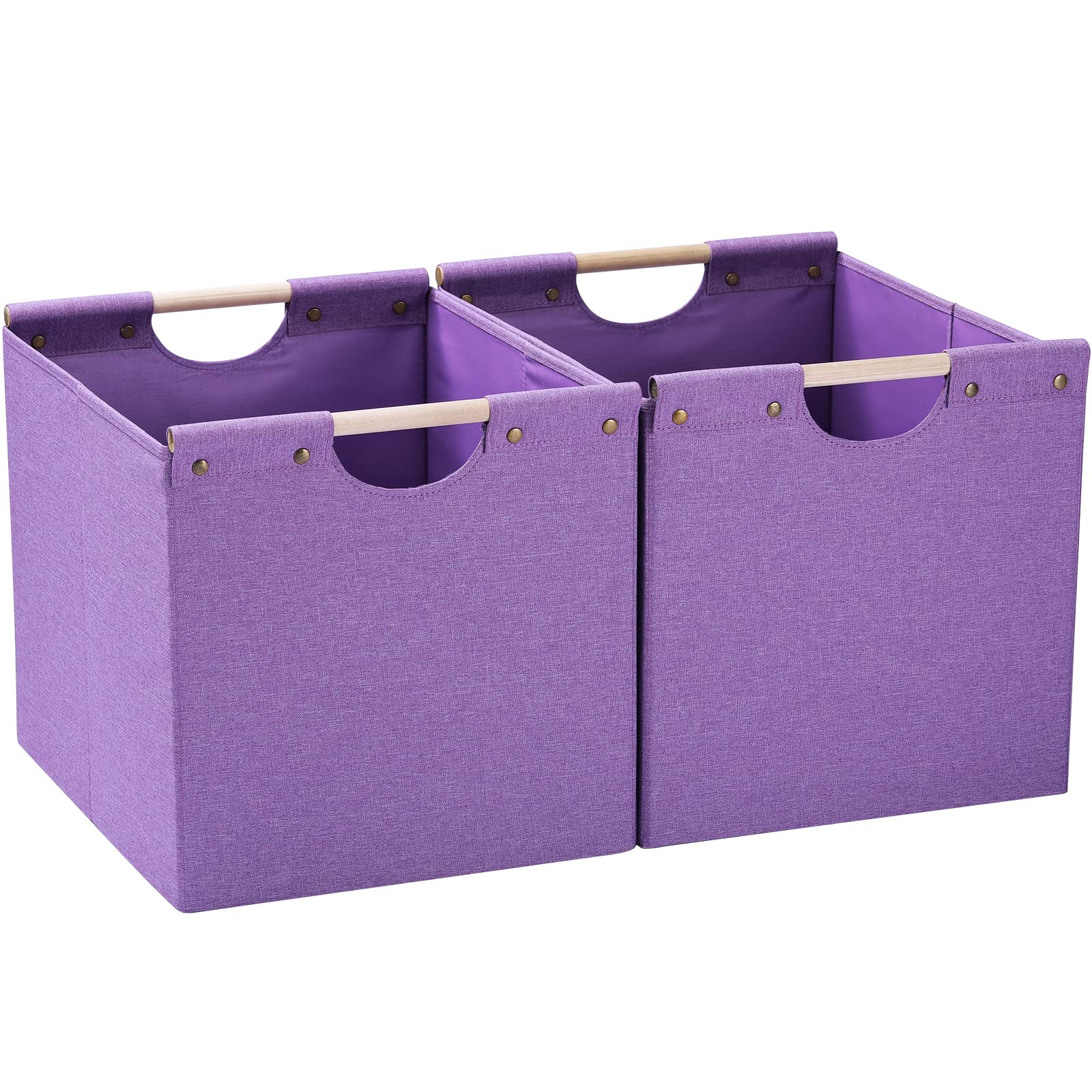 Hoonex Large Foldable Storage Bins, Linen Fabric, Pack Of 2, Storage Baskets With Wooden Carry Handles And Sturdy Heavy Cardboar