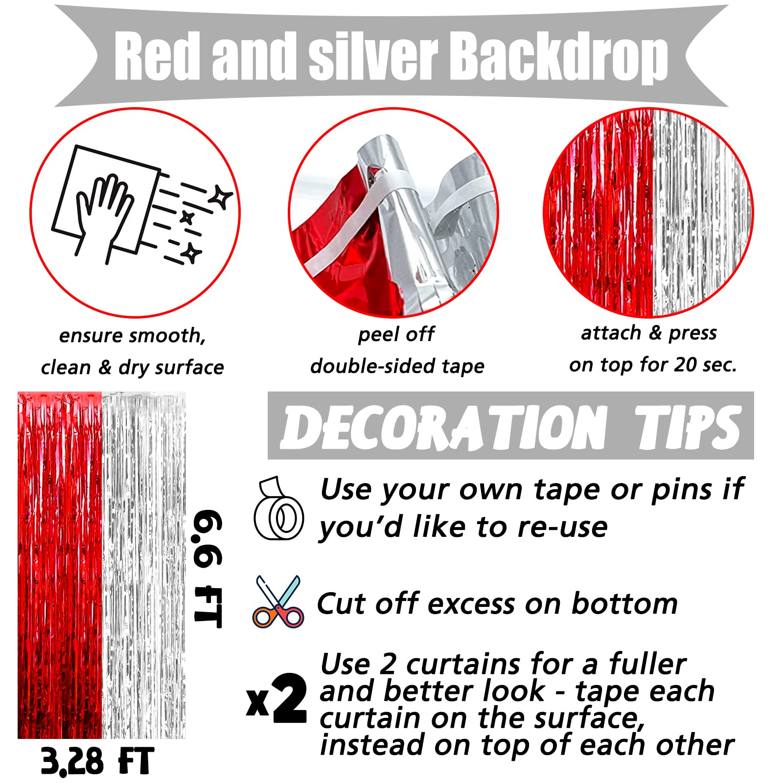 4 Pack 3.2Ft X 6.6Ft Red And Silver Fringe Curtain Backdrop, Metallic Tinsel Foil Fringe Streamers Curtains Background For Photo