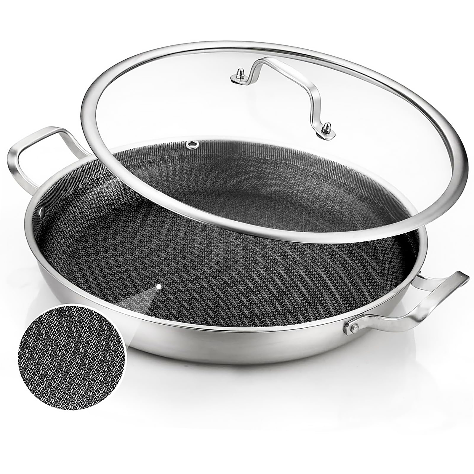 DELARLO Paella Pan 14 Inch TriPly Stainless Steel Paella Pan with Lid Nonstick Frying Pan, Hybrid Induction Large Skillets,Grea