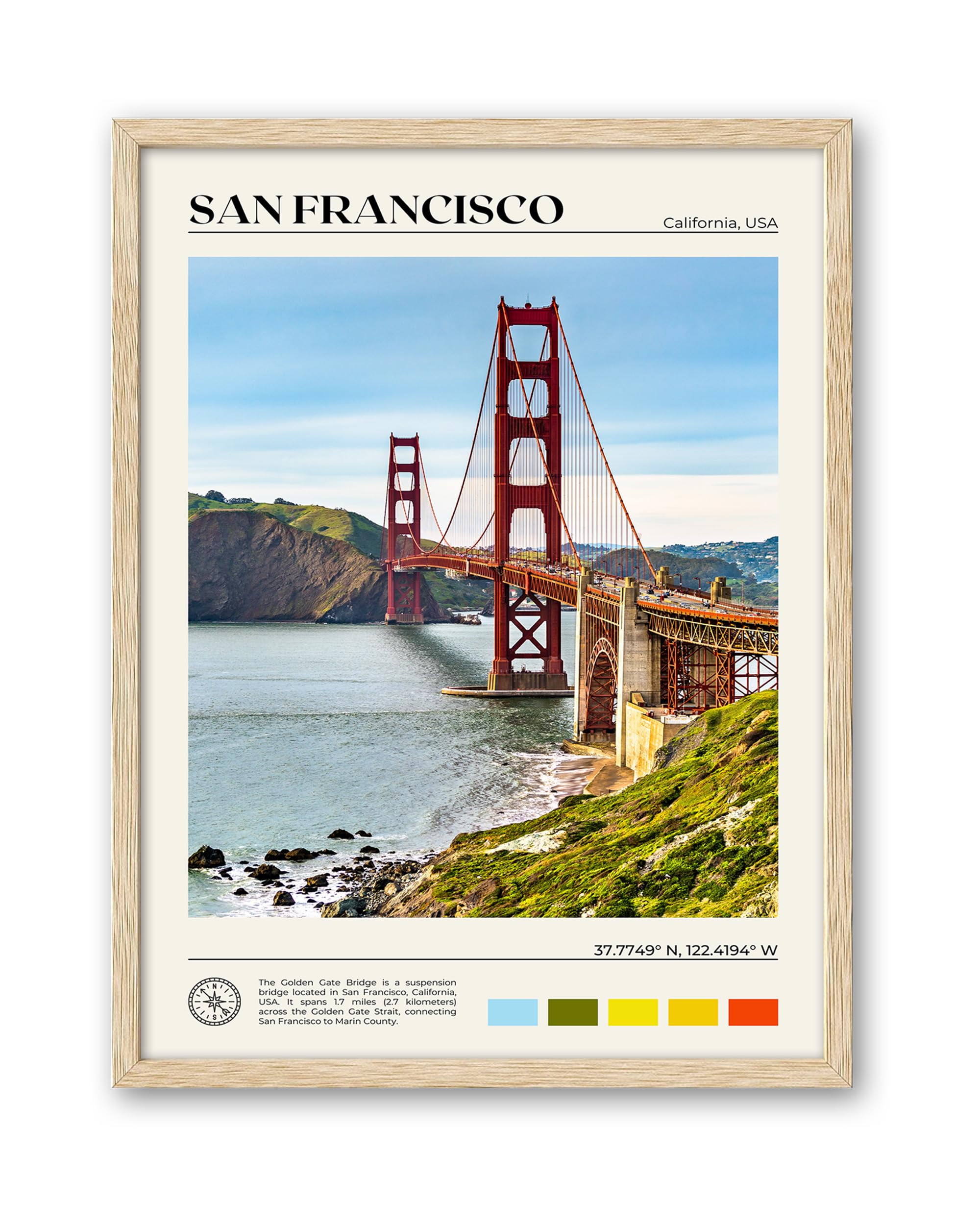 Hesendot Natural Oak Wood Golden Gate Bridge Framed Wall Art,12X16In San Francisco City Skyline Canvas Wall Print,Modern Urban L