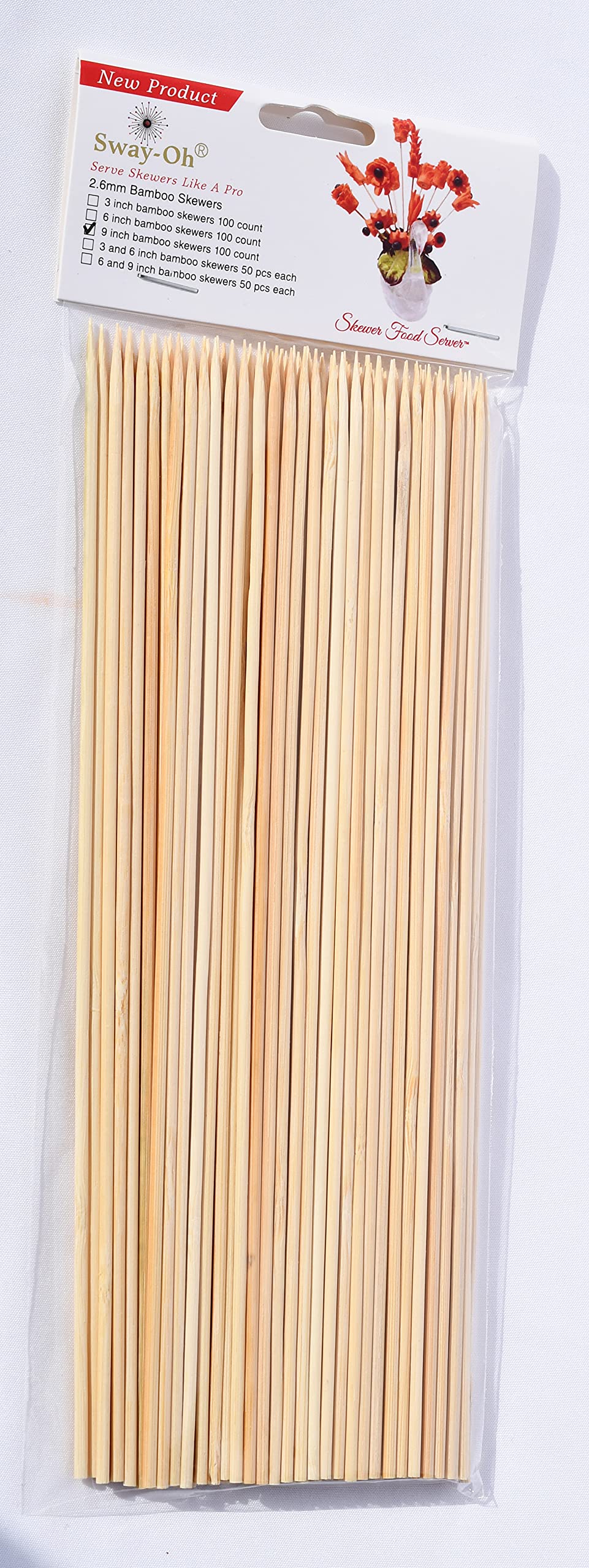 Sway-Oh 9'' Natural Bamboo Skewers, 100 Count - =2.6Mm. Natural Bamboo. Strong, Durable, Bamboo Skewers To Display Bite-Sized Fr