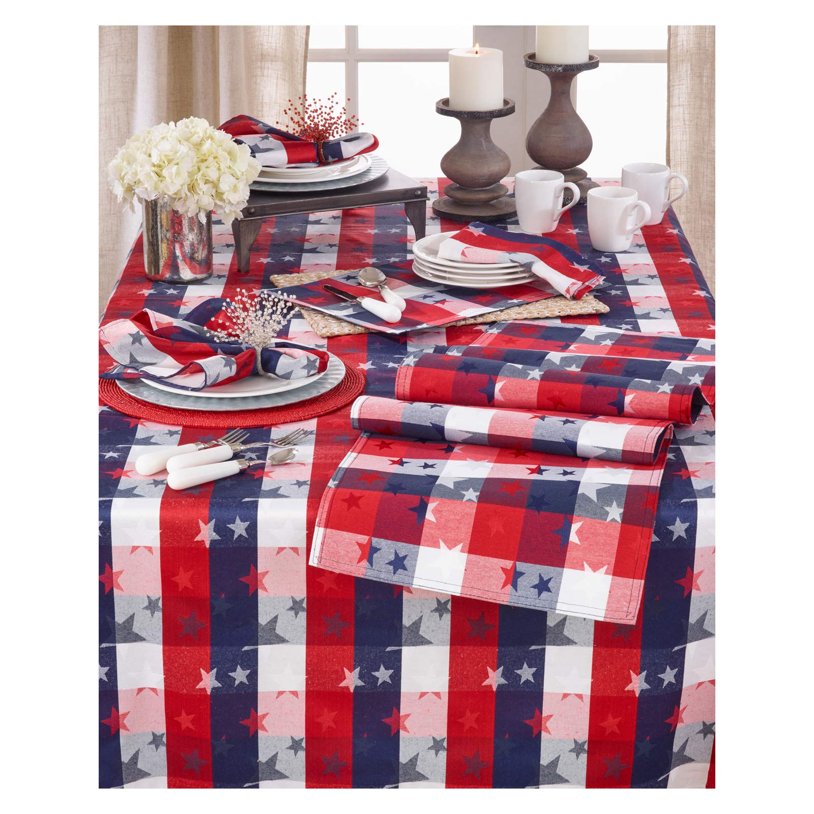 Red White and Blue Checkered with Stars Cotton/Polyester Blend Patriotic Table Runner  16''x72'' Rectangular - (1 Piece).