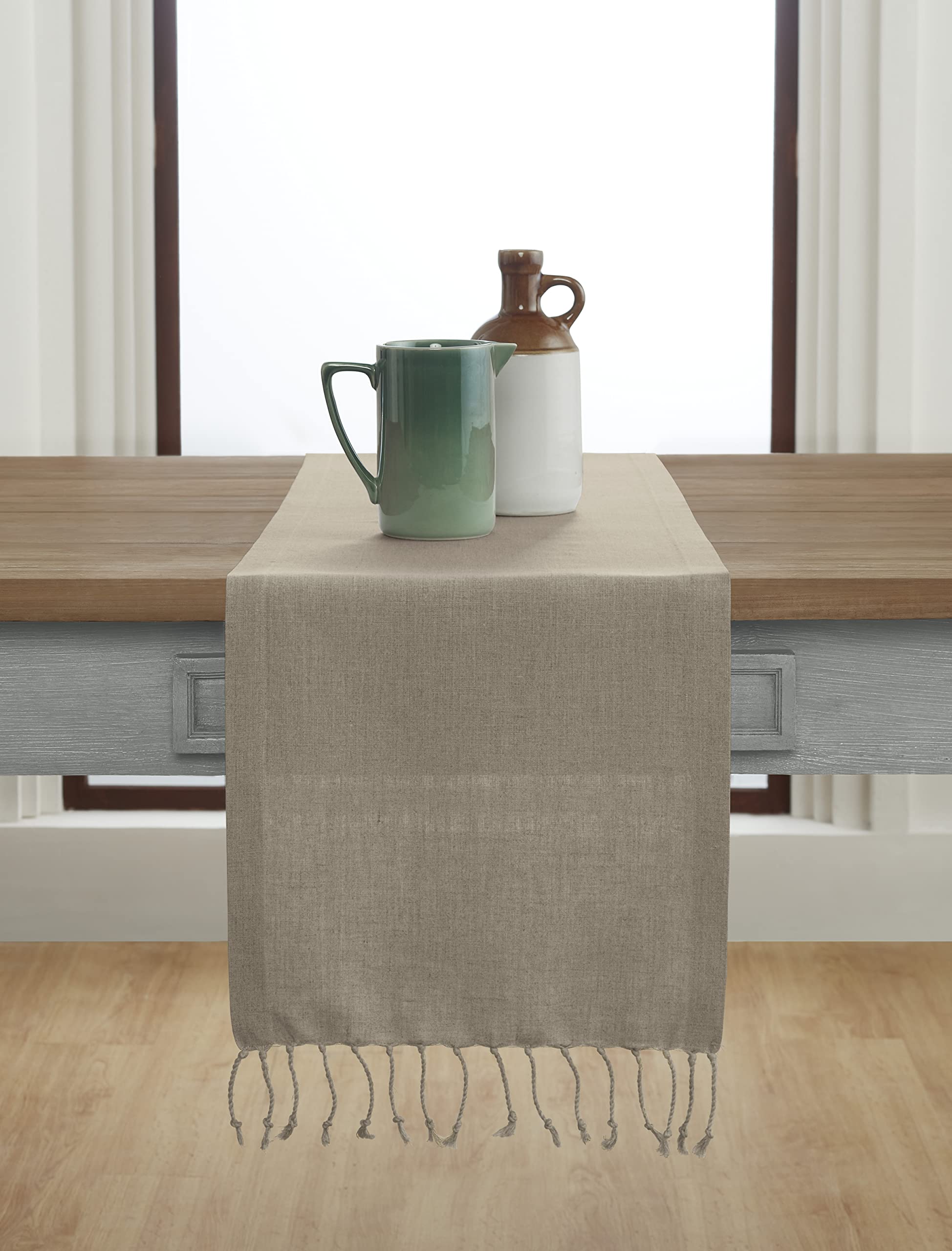 Solino Home Linen Farmhouse Table Runner 14 X 72 Inch - Natural, 100% Pure Linen Twisted Tassel Table Runner For Spring, Summer