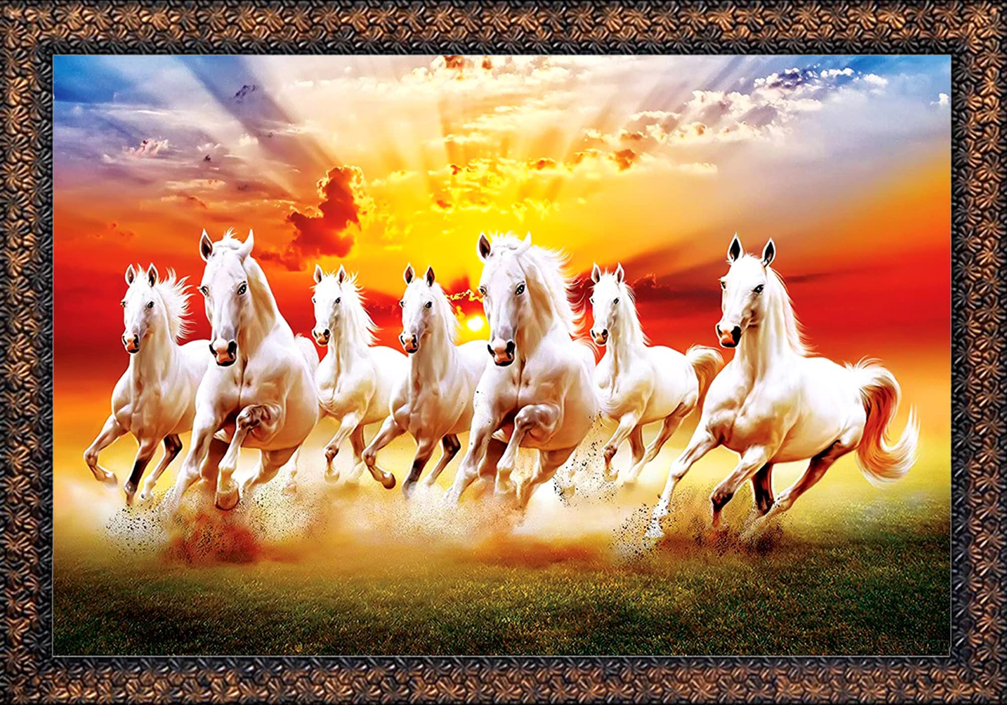 CN RETAILS Beautiful 7 Horse Vastu Wall Painting with Special Effects Sparkle Lamination wood art framed Painting for home dcor