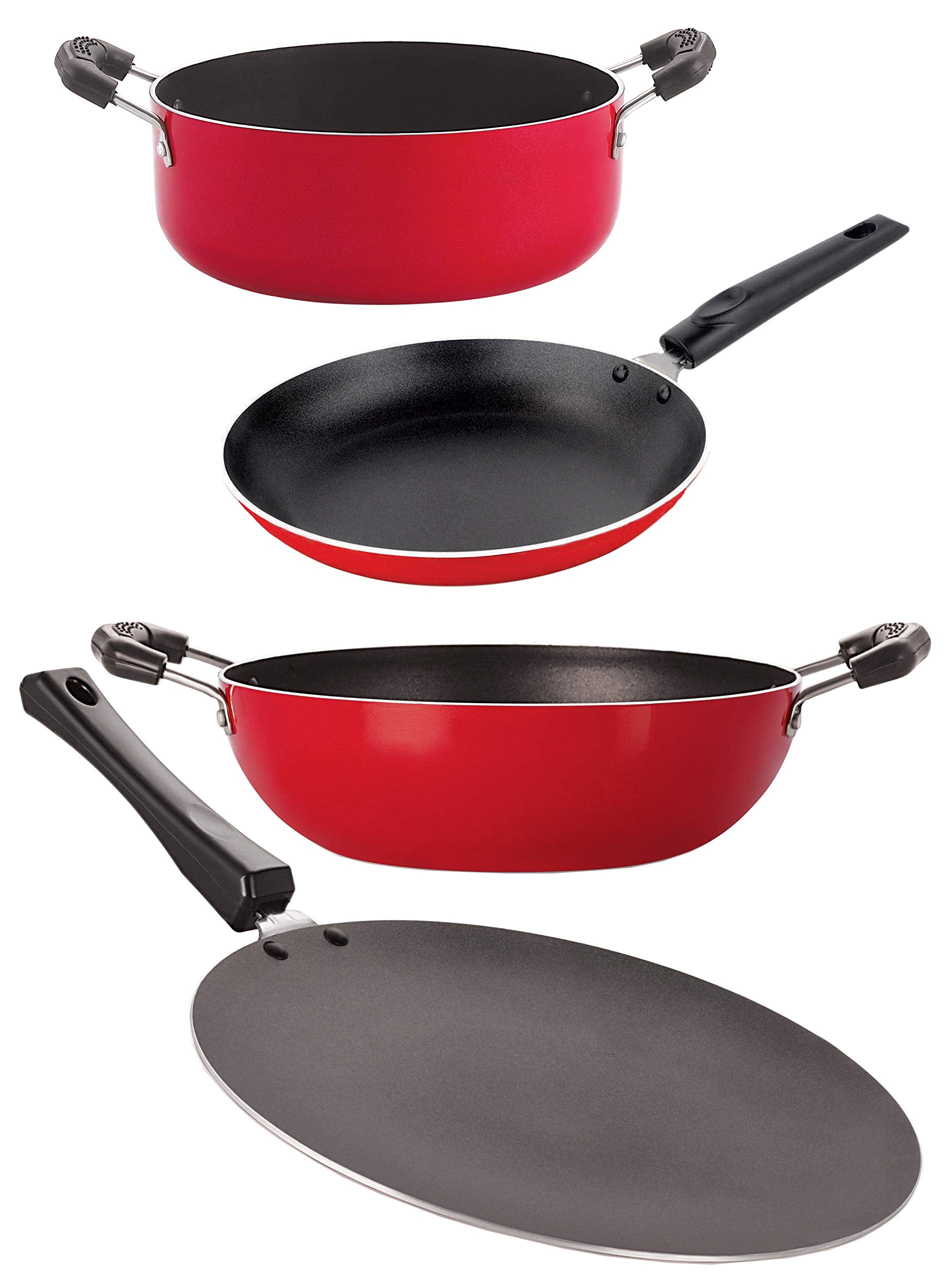 Nirlon NonStick Aluminum Cookware Set, 4Piece, Red And Black (2.6Mm_Ct_Kd12_Tp_Cass22)