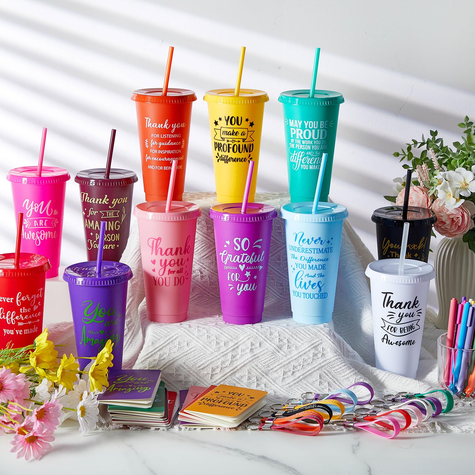 Hollowfly 12 Sets / 48 Pcs Inspirational Appreciation Gifts, Thank You for Employee Coworkers, 24 oz Plastic Cup with Lid Straw