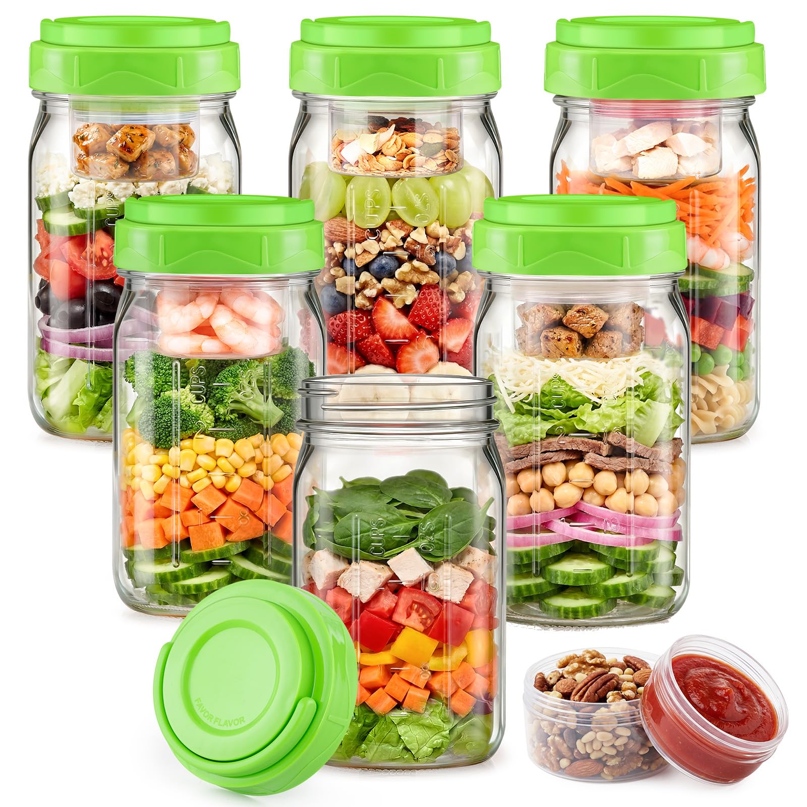 6 Pack Glass Salad Jars with Lids & Dressing Cups for Meal Prep & Lunch
