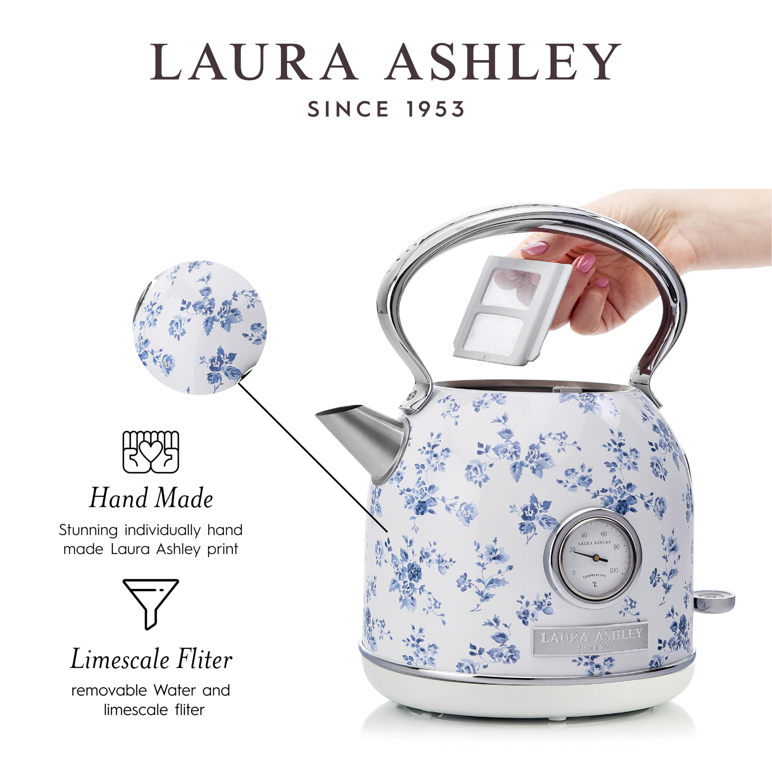 Laura Ashley 1.7L Stainless Steel Electric Kettle - 1500W Rapid Boil, Automatic Shut Off, China Rose - Model VQ-SBPKK336-LACR-US