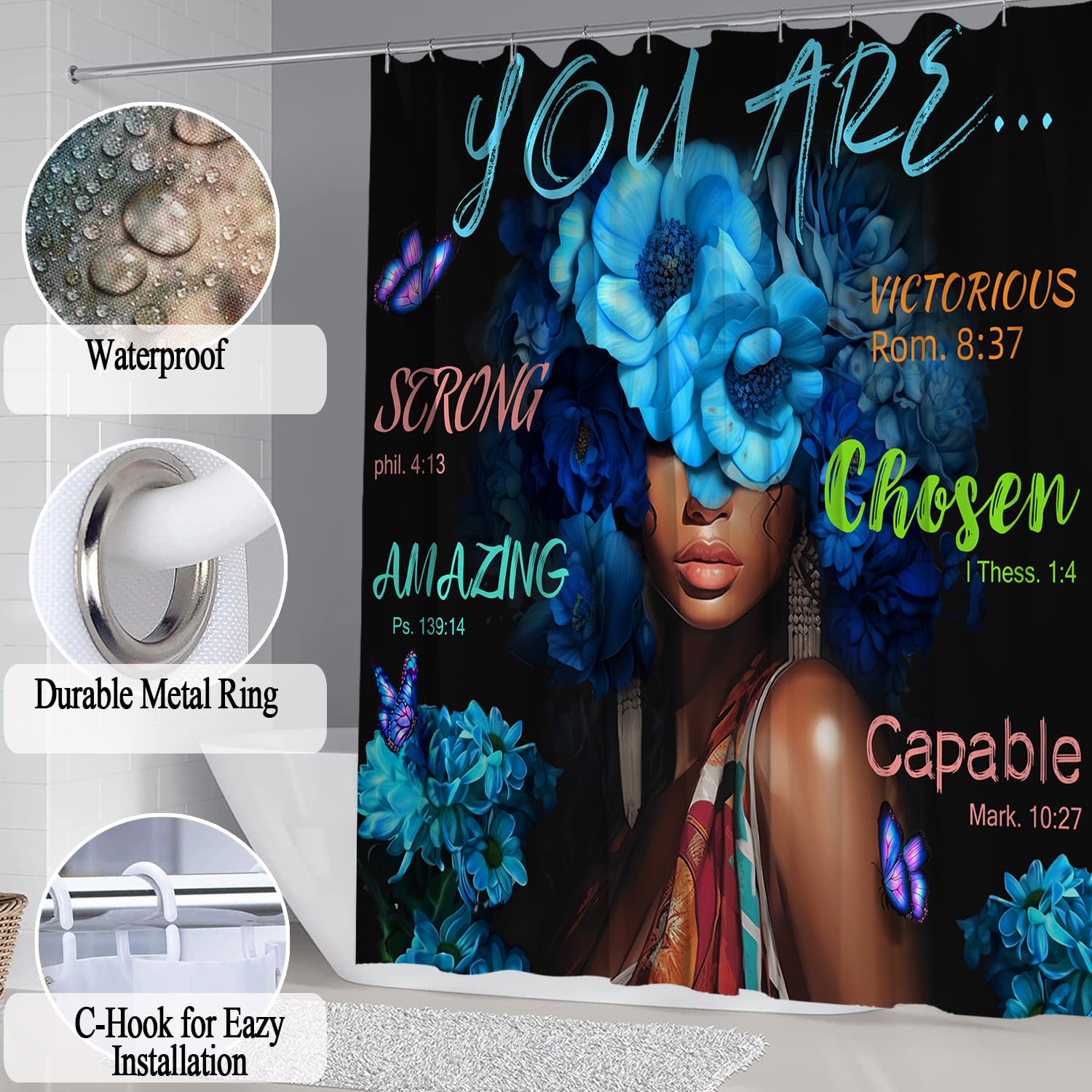 Black African Woman Shower Curtain Set With Flowers, Blue Art Words Bathroom Set With Shower Curtain And Rugs, Toilet Lid Cover,