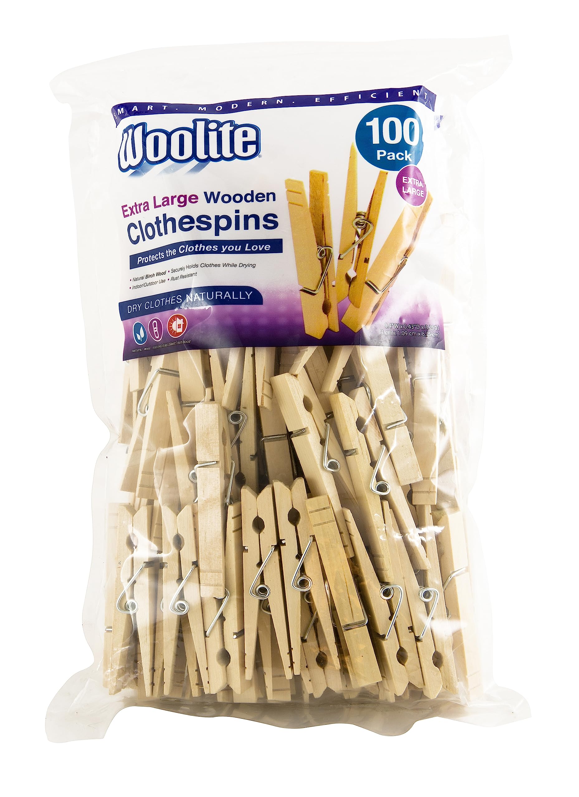Woolite Extra Large Wooden 100 Pack Clothespins| Dimensions: 0.4 X 0.43 X 3.25 Inches| Perfect For Indoor And Outdoor Use| Great