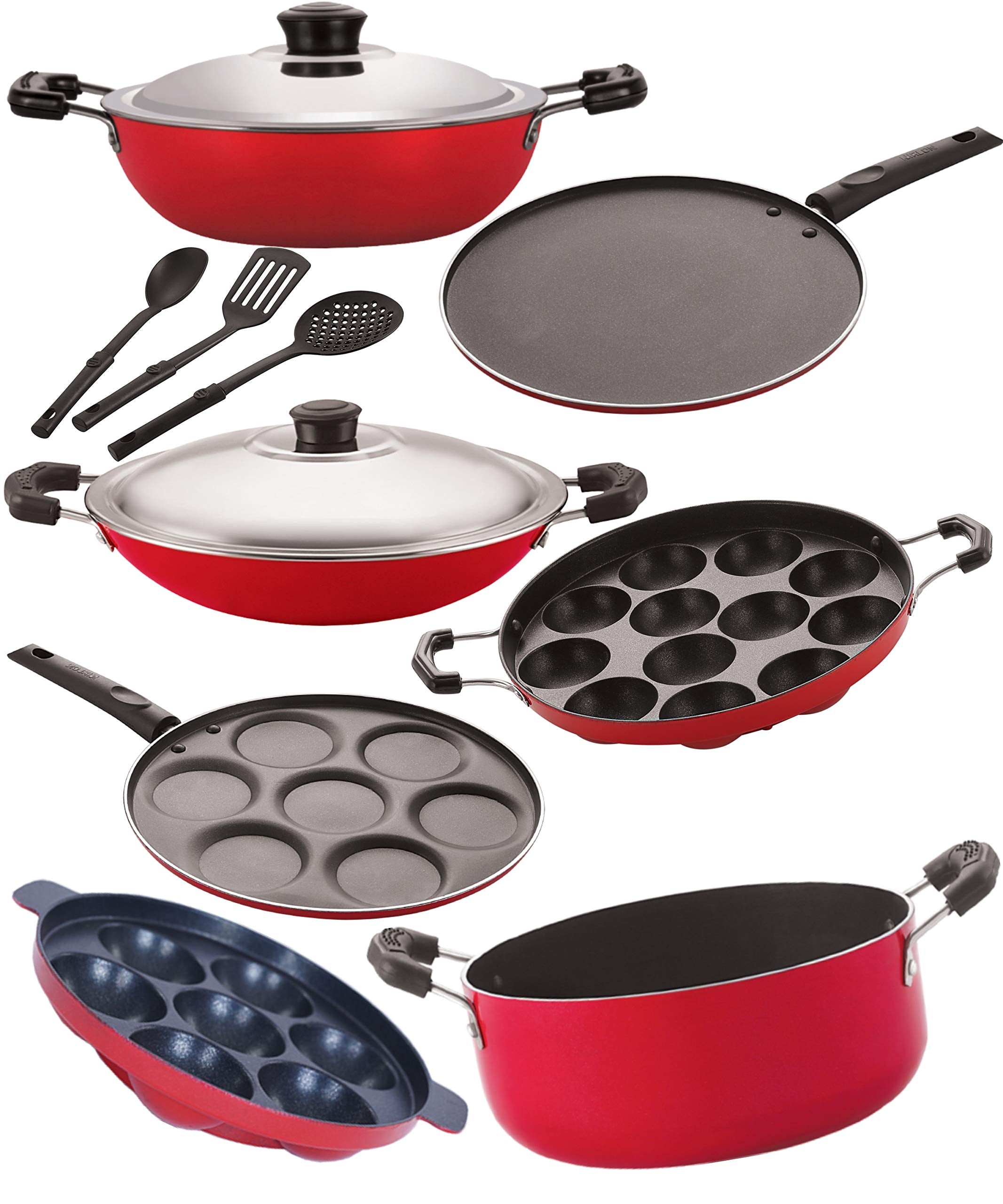 Nirlon Kitchen Non Stick Cookware Combo Set Of10 Pieces (2.6Mm_Dkd(J)_Cs22_Ac_Ap7_Ap12_Up7_St11_3Spoon)