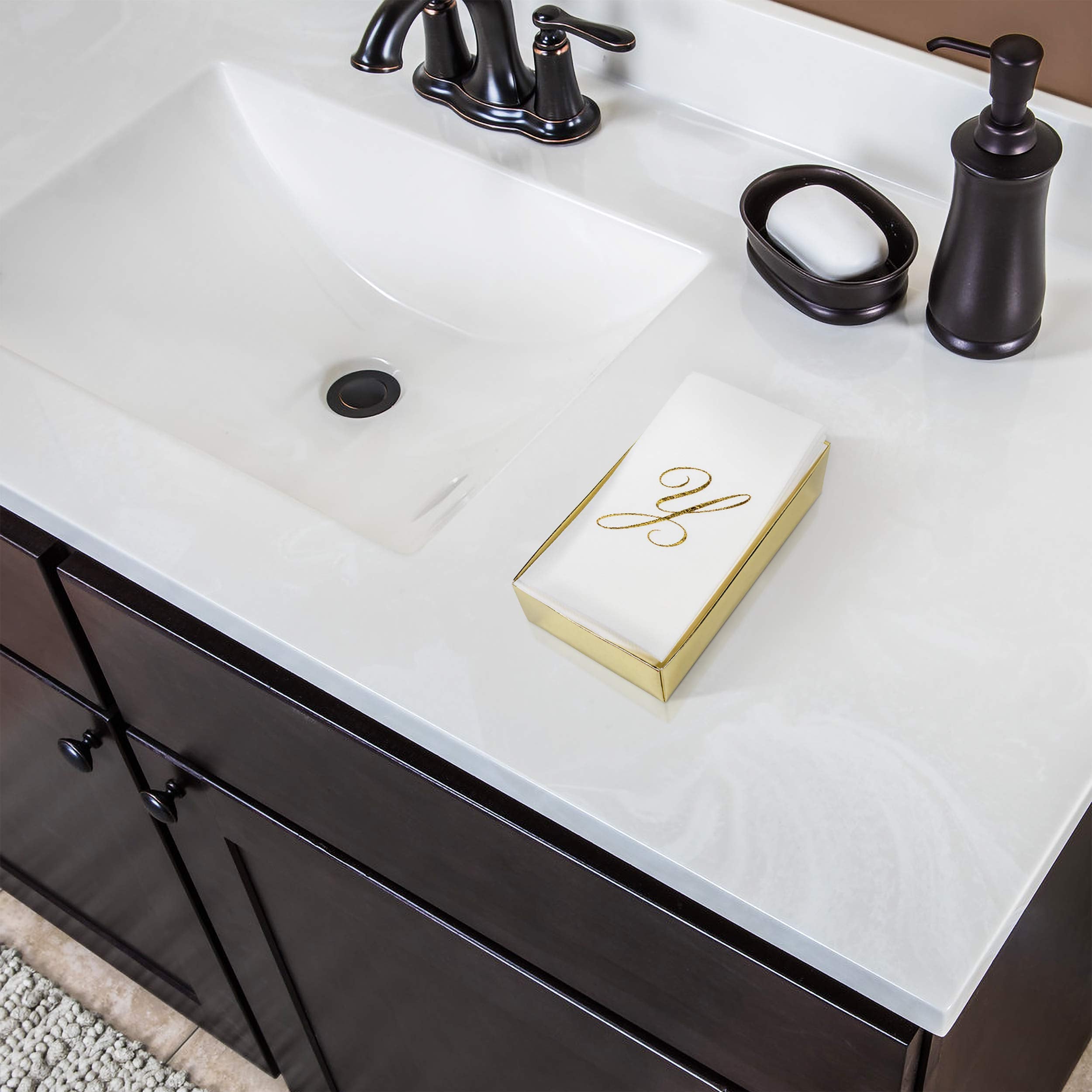 AH AMERICAN HOMESTEAD Disposable Hand Towels for Bathroom - Guest Bathroom Essentials -Bathroom Paper Towels for Guests - Monogrammed Disposable Napkins - Wedding Napkins in Paper Towel Tray (Gold  E)