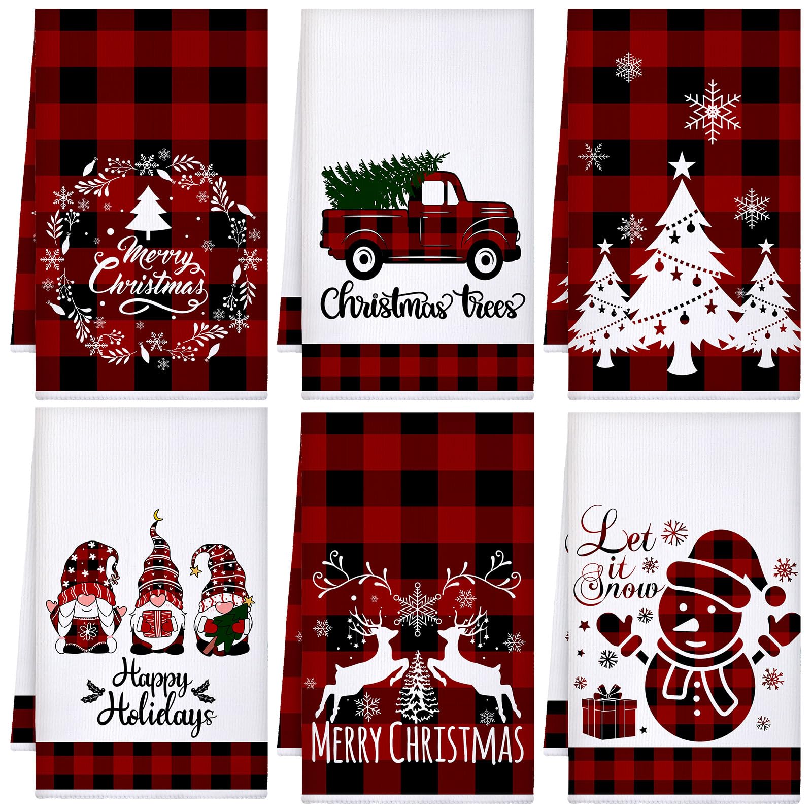 Sratte 6 Pcs Christmas Kitchen Towels Red Black Buffalo Plaid Tea Dishtowels Absorbent Winter Gnome Truck Snowman Bathroom Hand 