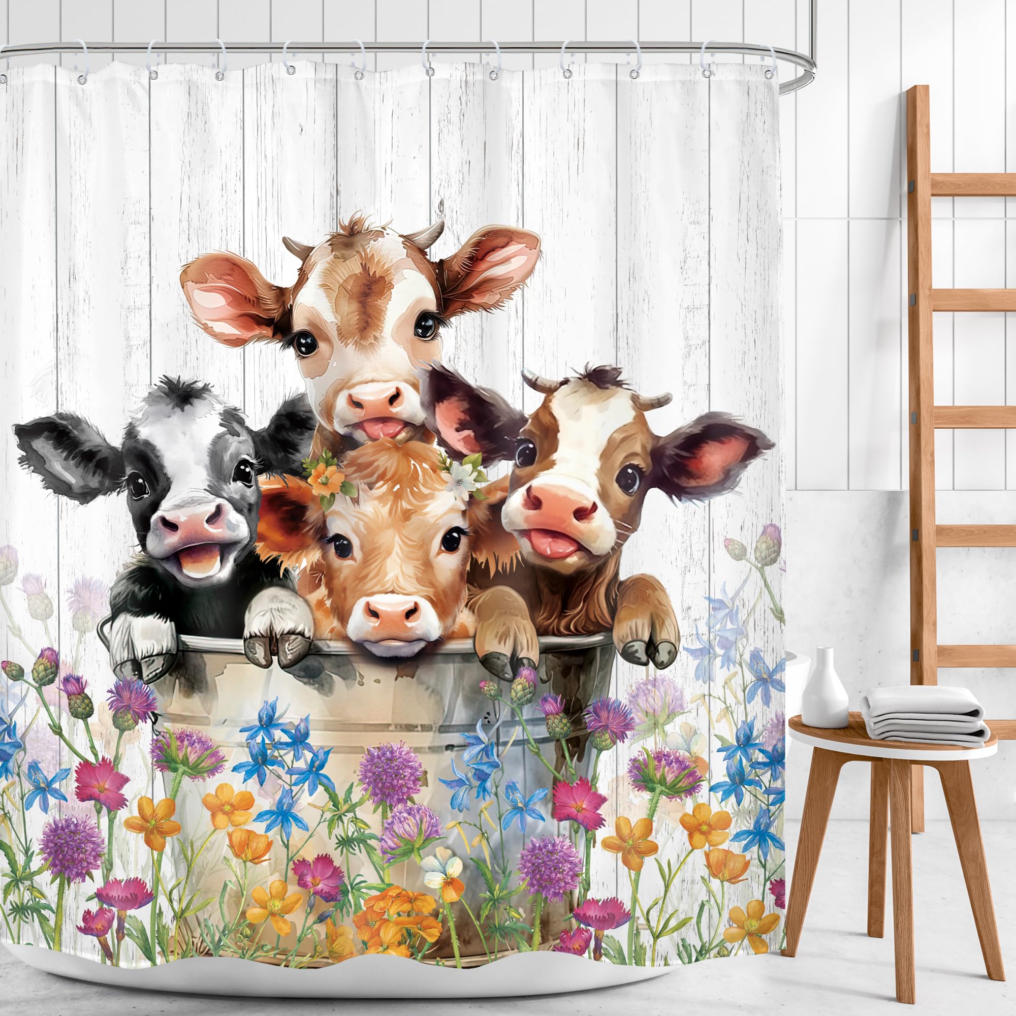 Mitpok Farm Highland Cow Shower Curtain 60Wx72H Funny Western Farmhouse Cute Cattle Bull Animal Rustic Floral Wildflower Plant B