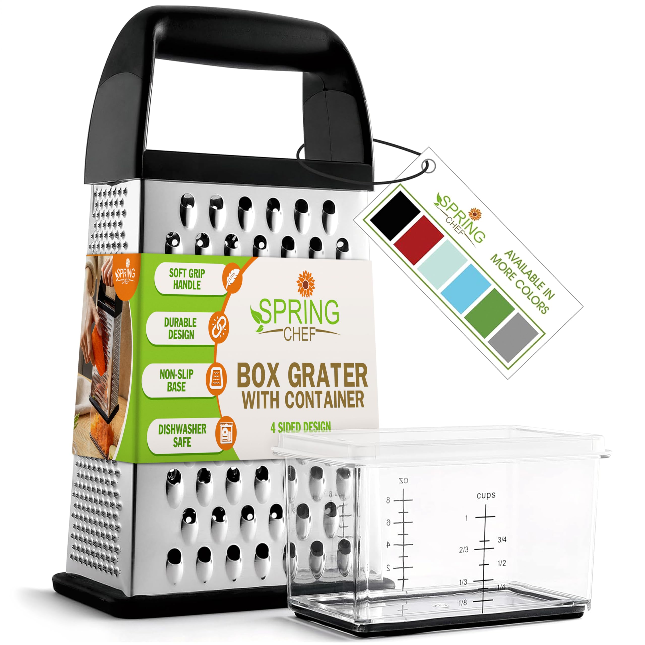 Spring Chef Professional 10 '' Parmesan Cheese Grater With Container, Stainless Steel & Soft Grip Handle, 4 Sided Kitchen Cheese
