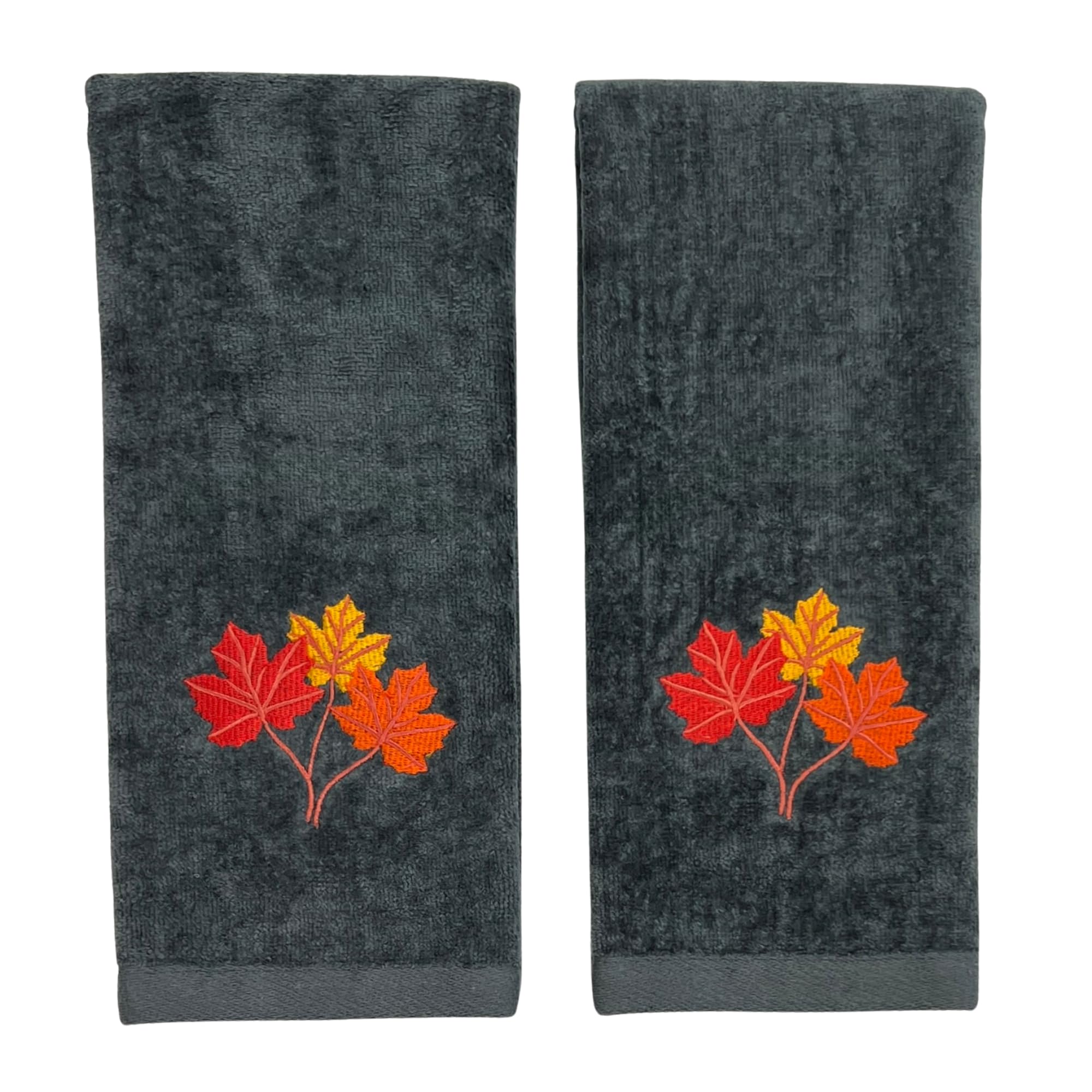 Harvest Fall Hand Towels: Plush Dark Grey Gray Cotton Towels With Autumn Leaf Design Set Of 2, 16'' X 25'' Inch