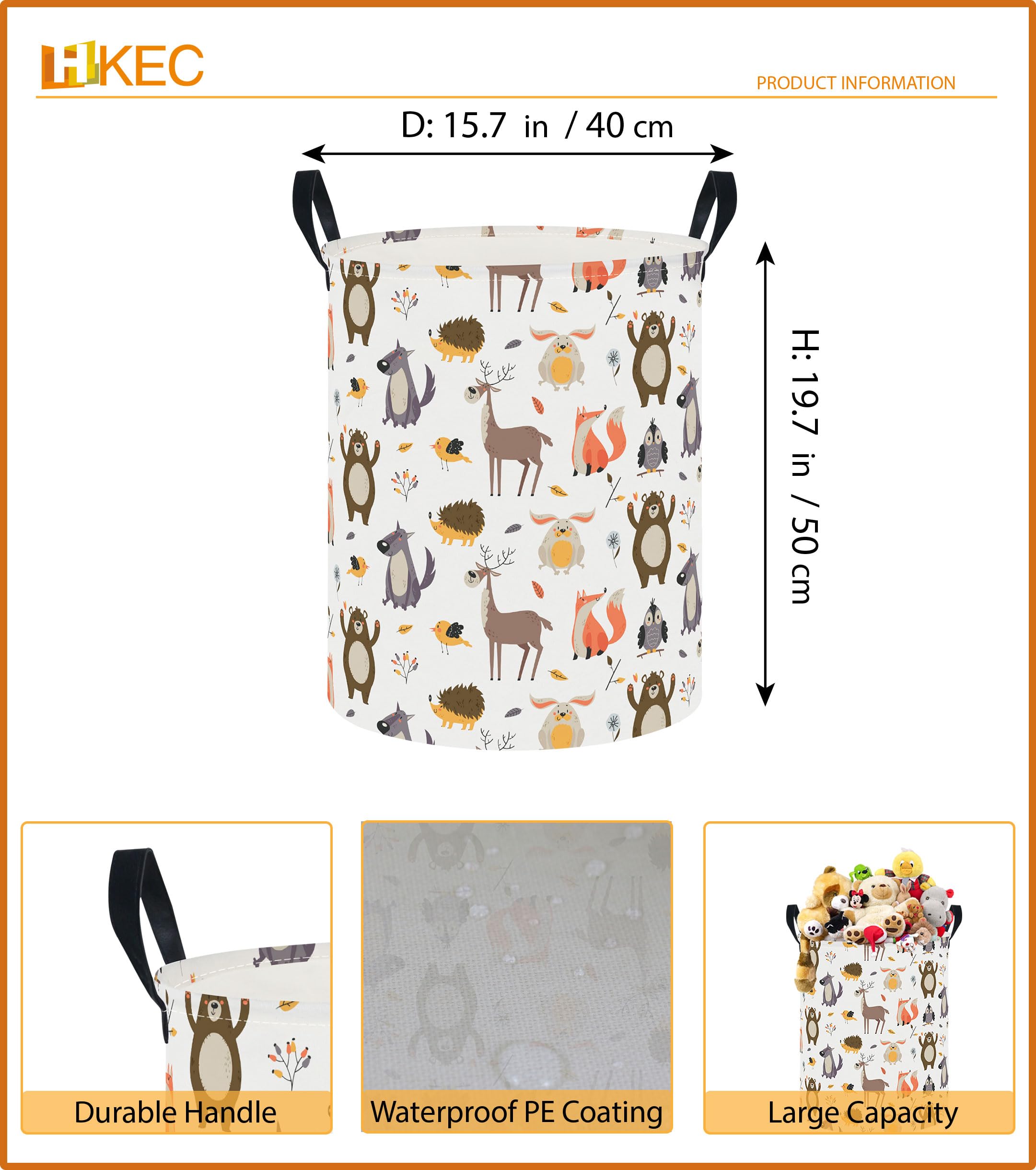 Hkec 19.7 Laundry Basket,Kids Dirty Clothes Hamper,Waterproof Storage Bin,Room Decor,Gift Baskets,Nursery Hamper(Forest Animal)