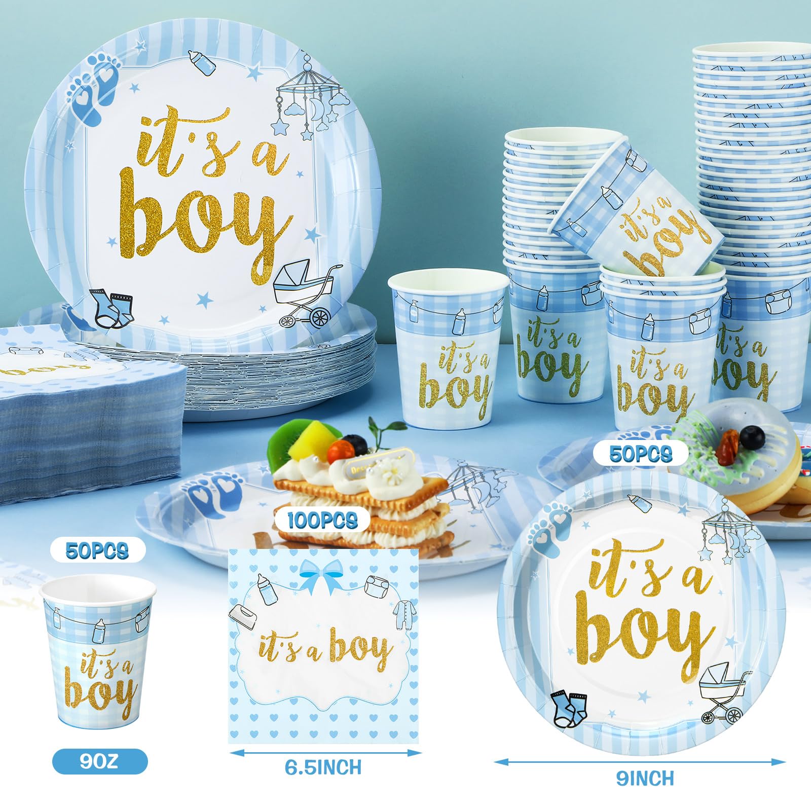 200 Pcs Blue Baby Shower Paper Plates Napkins Cups Boy Baby Shower Party Supplies Tableware Set Blue Disposable Cup Napkin For 5