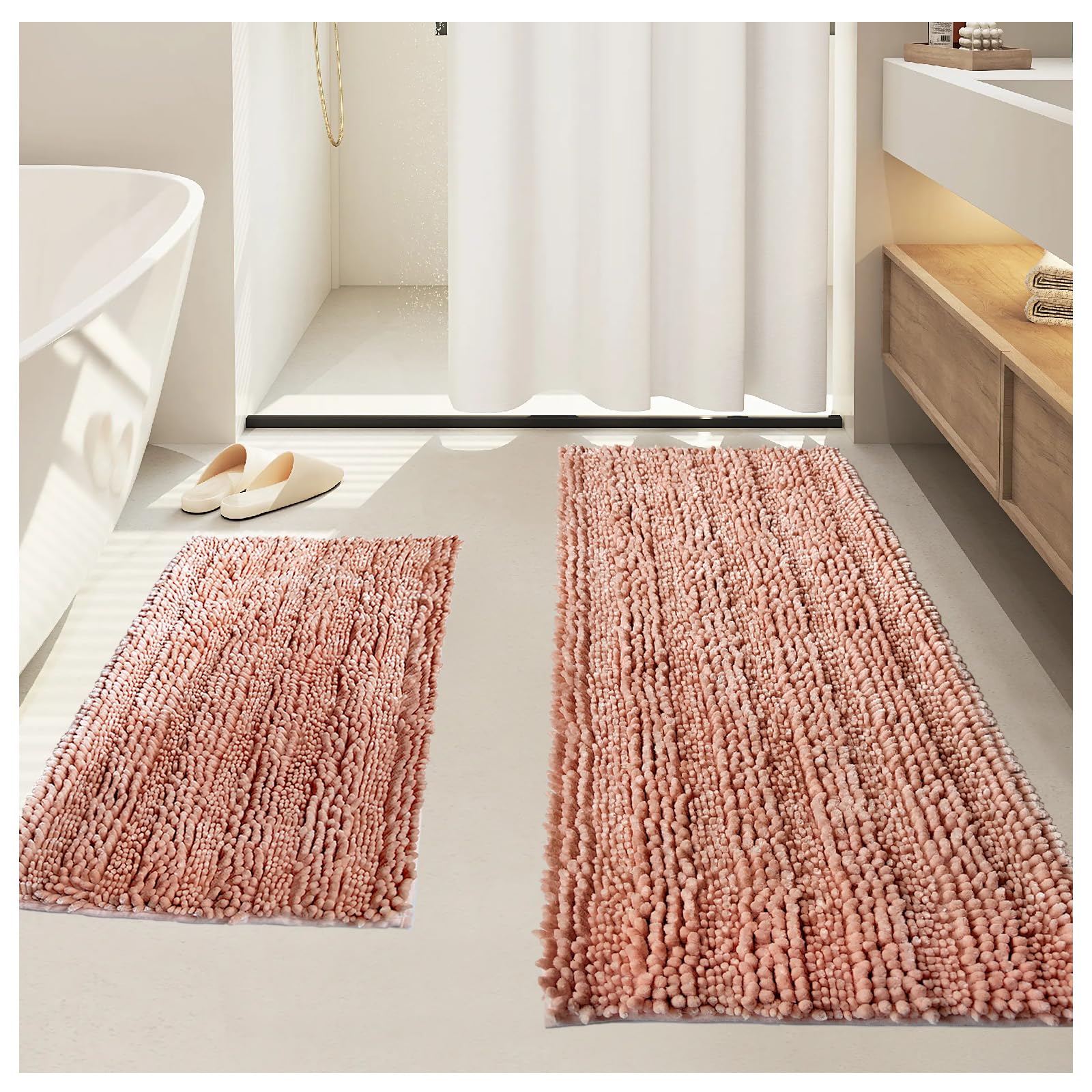 Civkor Bath Mats for Bathroom Pink Bathroom Rugs Runner Long Chenille Bathroom Rug Set 47x20 Plus 31x20 Non Slip Backing Extra Soft & Absorbent Thick Shaggy Floor Mats  Machine Washable