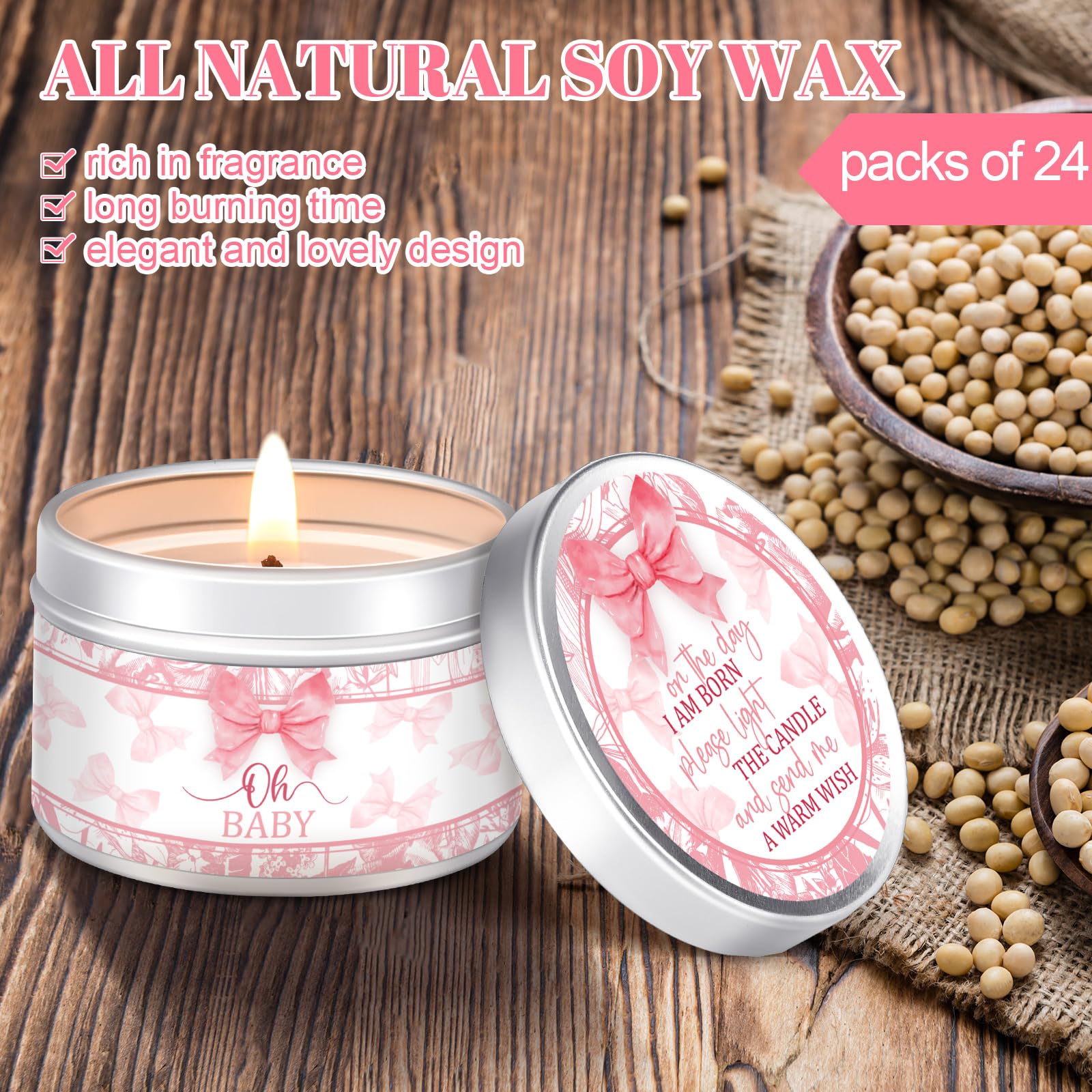 MTLEE 24 Pcs Bow Baby Shower Party Favors Candles Lavender Scented Baby Shower Favors for Guests Rustic Tealights Candles Gender