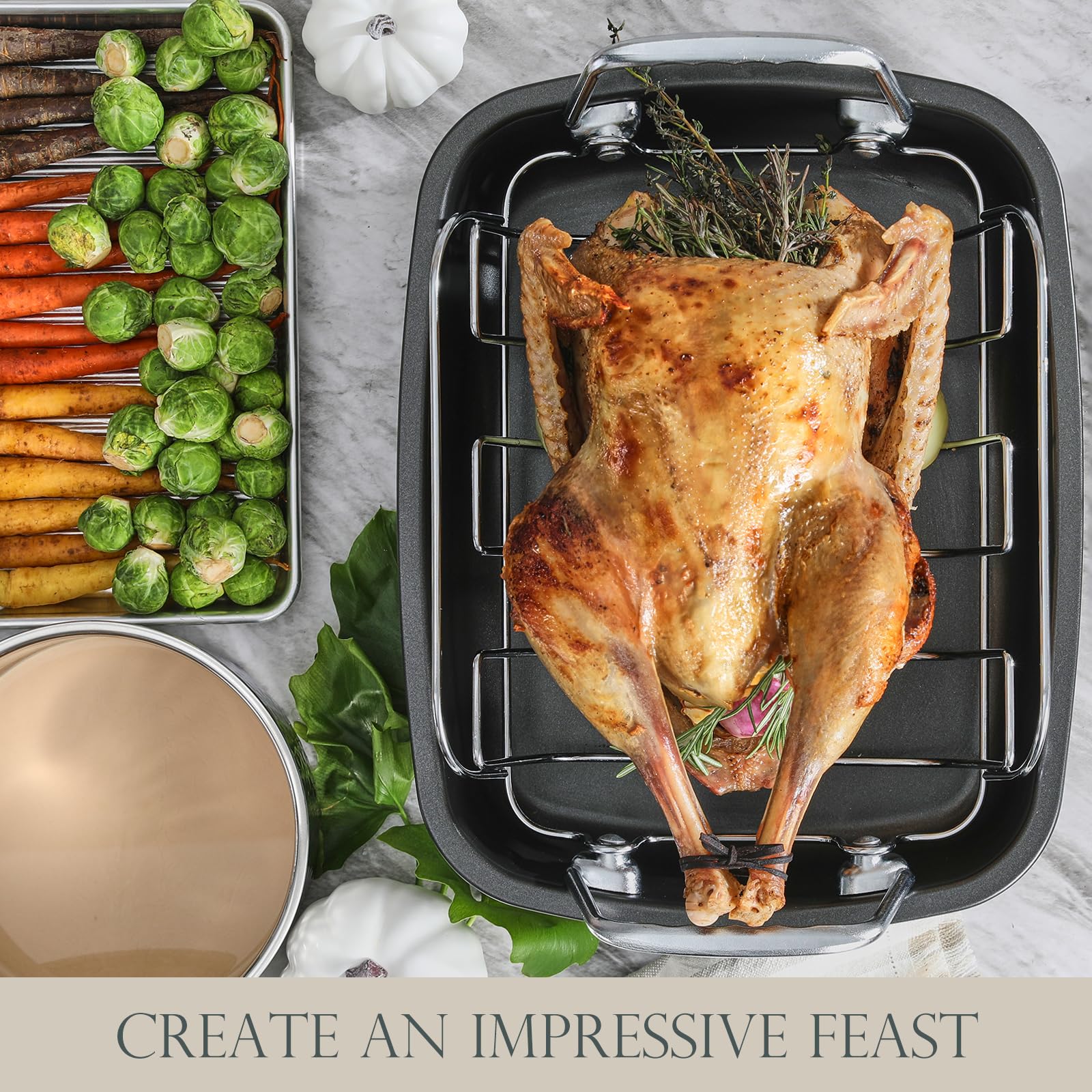 Kitessensu Nonstick Turkey Roasting Pan With Rack 17 X 14 Inch - Large Chicken Roaster Pan For Oven - Wider Handles & Heavy Duty