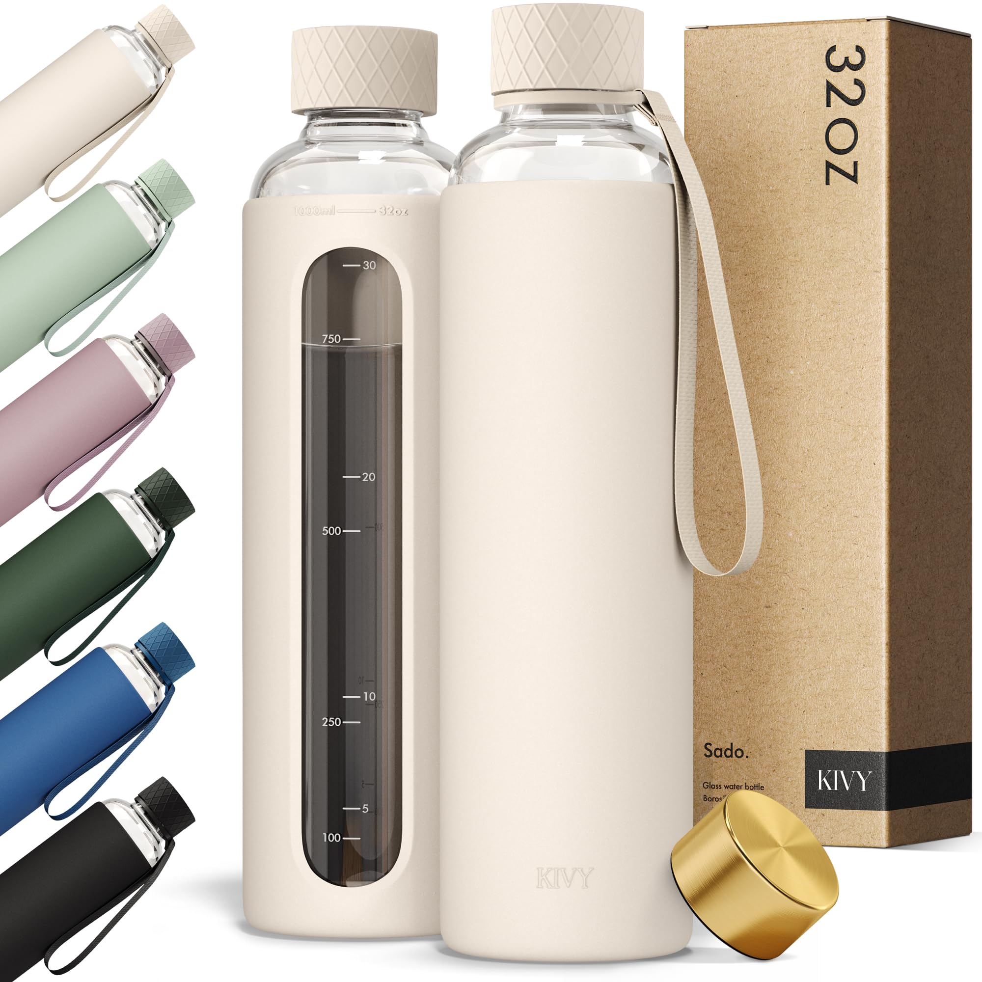 KIVY Glass Water Bottle with Silicone Sleeve 32 oz [WITH MEASUREMENT] - Borosilicate Glass Water Bottle Screw Top - Clear Bottle