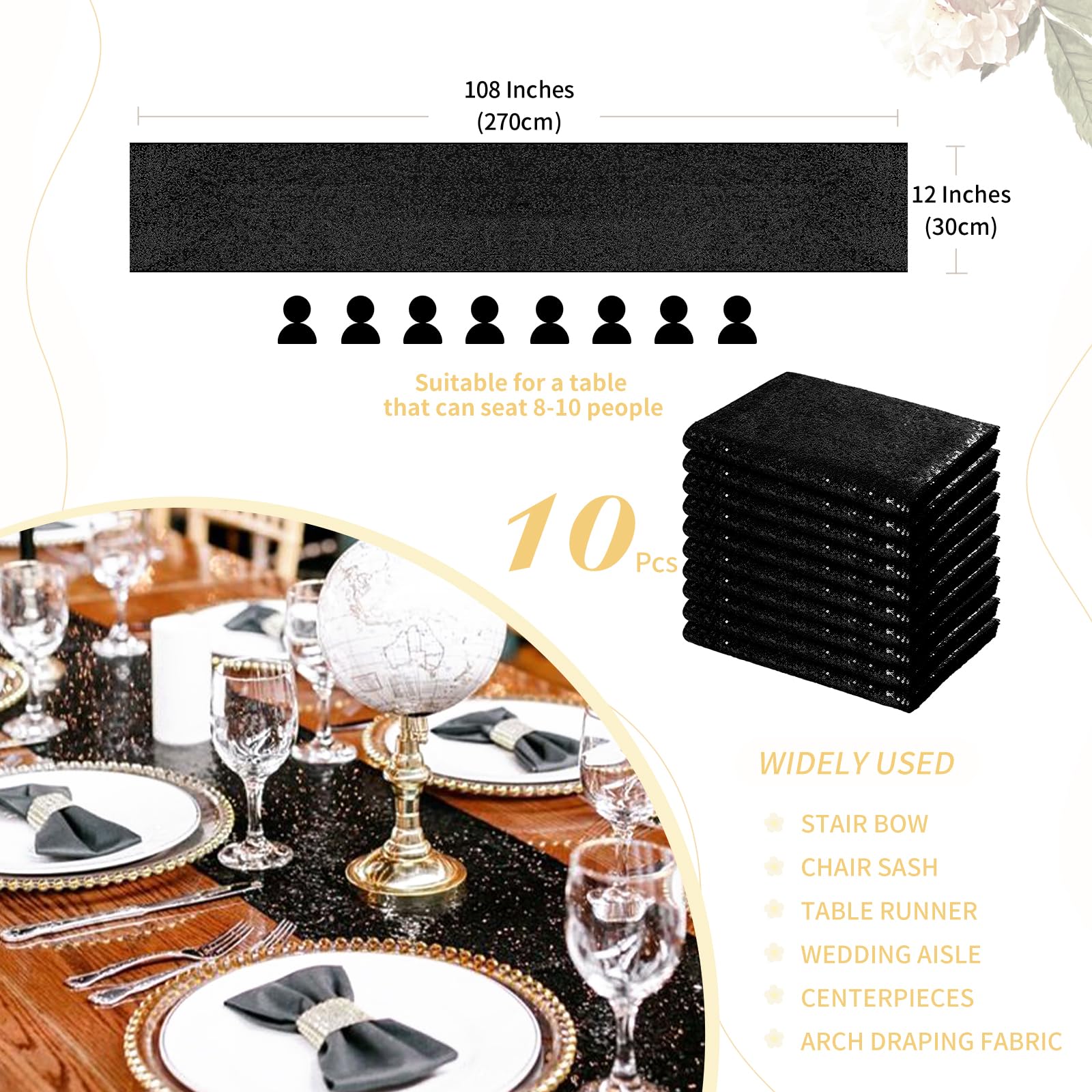 Black Table Runners Sparkly Halloween Table Runner 10 Packs 12X108 Inches Glitter Sequin Fabric For Birthday Party Holiday Suppl