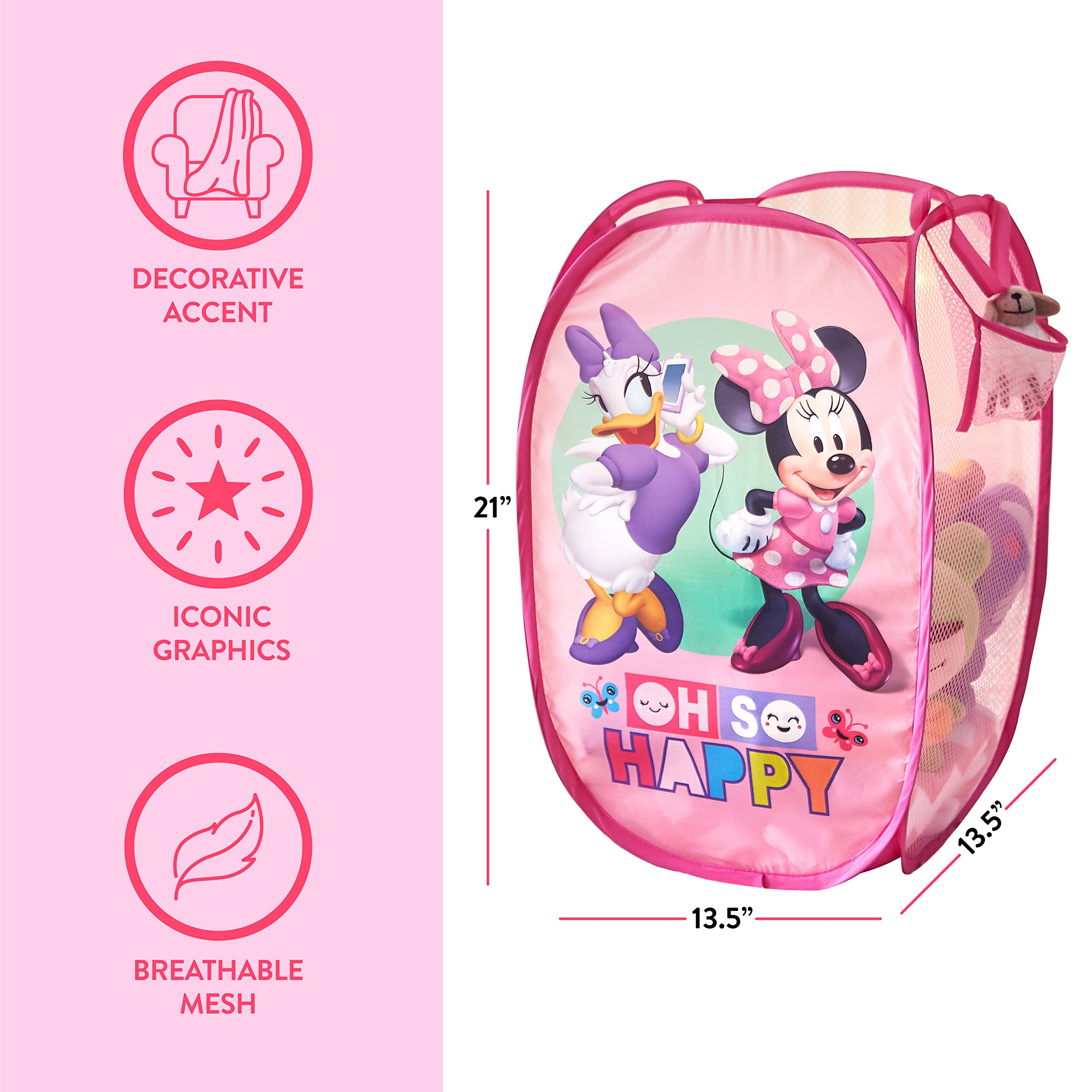 Disney Minnie Mouse Pop-Up Hamper,Oh So Happy    Design, 21   H x 13.5   W x 13.5   L, Durable & Collapsible Laundry Basket with