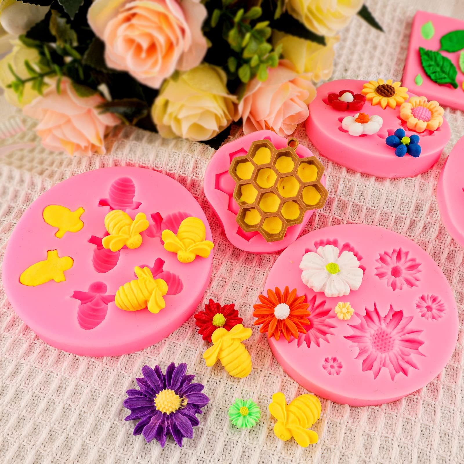 Silicone Mold Flower 8Pcs Chocolate Fondant Polymer Clay Candy Gummy Mold,Rose Leaf Butterfly Bee Honey Shaped Silicone Molds Fo