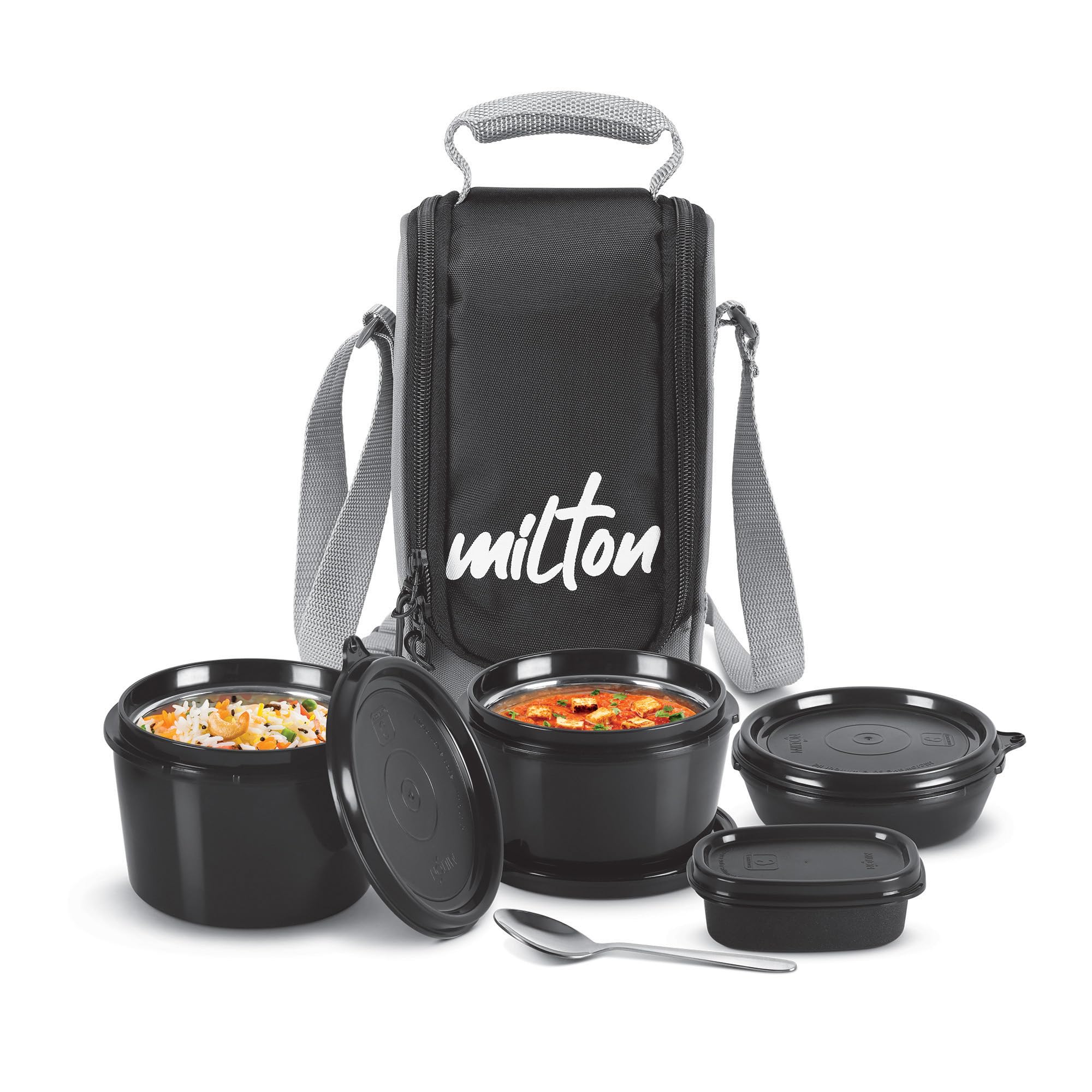Milton Pro Munch Tiffin (3 Microwave Safe Inner Steel Containers,180/320/450Ml;1 Plastic Chutney Dabba; Steel Spoon) With Insula