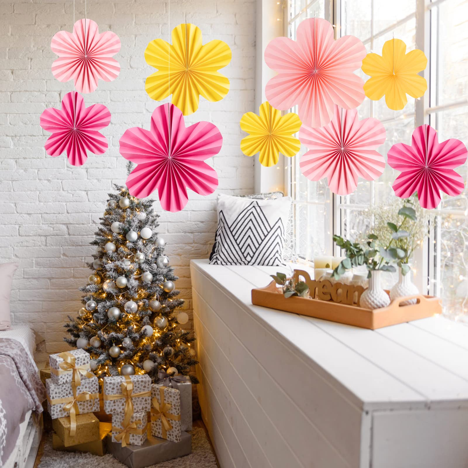 SUNBEAUTY Paper Flowers Decorations for Wall Paper Fans Classroom Decoration Paper Floral Backdrop Decor Paper Fans Decoration Hanging Paper Fans Pink Flower Wall Decor Set of 9