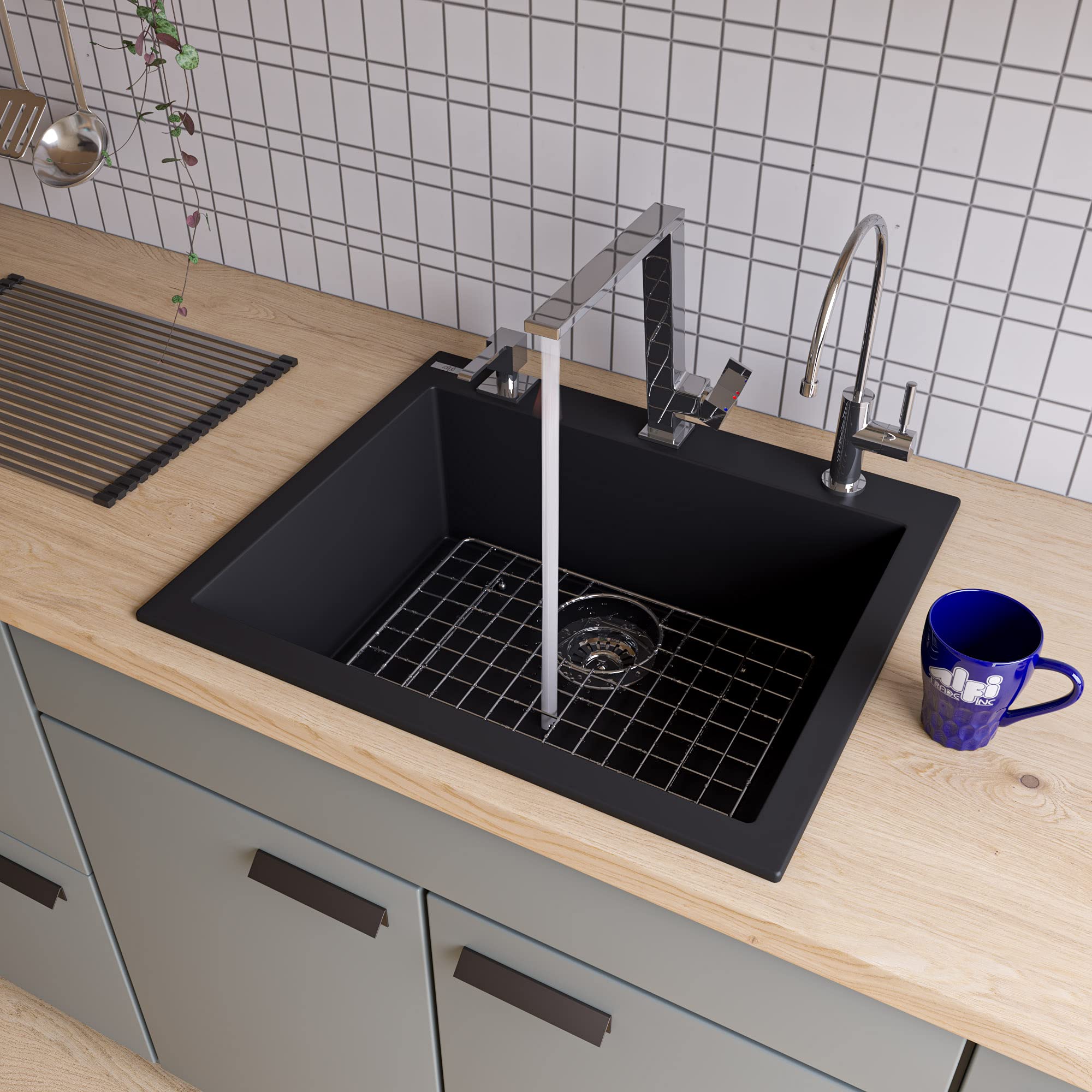 Alfi Brand Ab2420Di-Bla Drop-In Single Bowl Granite Composite Kitchen Sink 24 Black