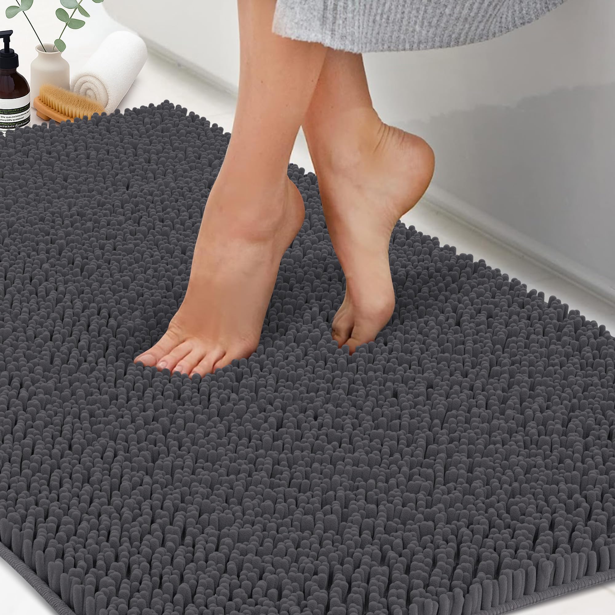 ITSOFT Plush Microfiber Long Runner - Non Slip Soft Bathroom Rug  Absorbent Machine Washable Chenille Bath Mat | Quick Dry Carpet  Great for Bath  Shower  Bedroom  or Door Mat (Charcoal Gray  47x21)