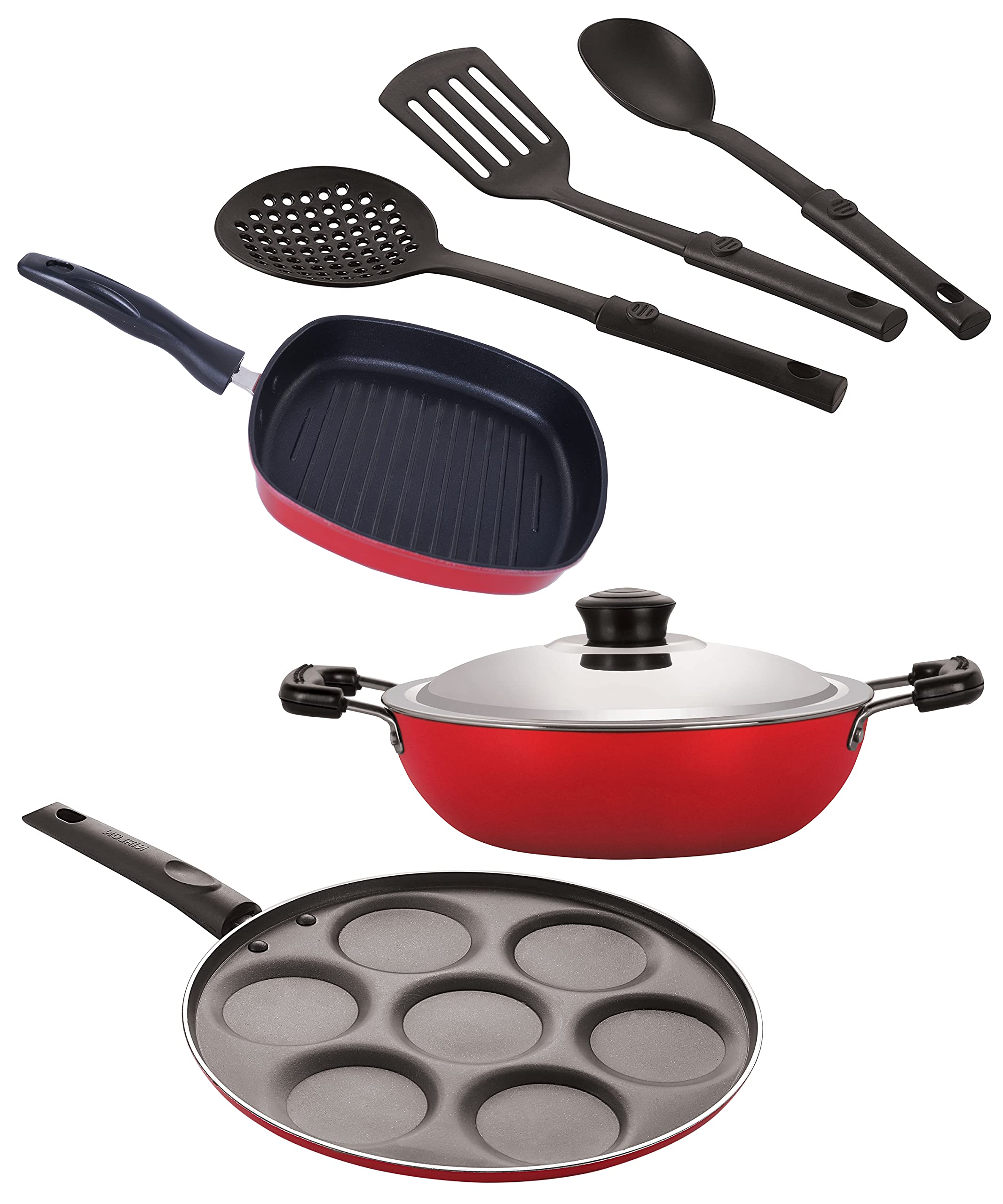 Nirlon Aluminium Nonstick Coated 6 Pcs Set Of Deep Kadhai22Cm,Grill Pan22.5Cm,Uttapam7 Cavity & 3 Spoon (2.6Mm_Dkd(M)_Gp(22.5