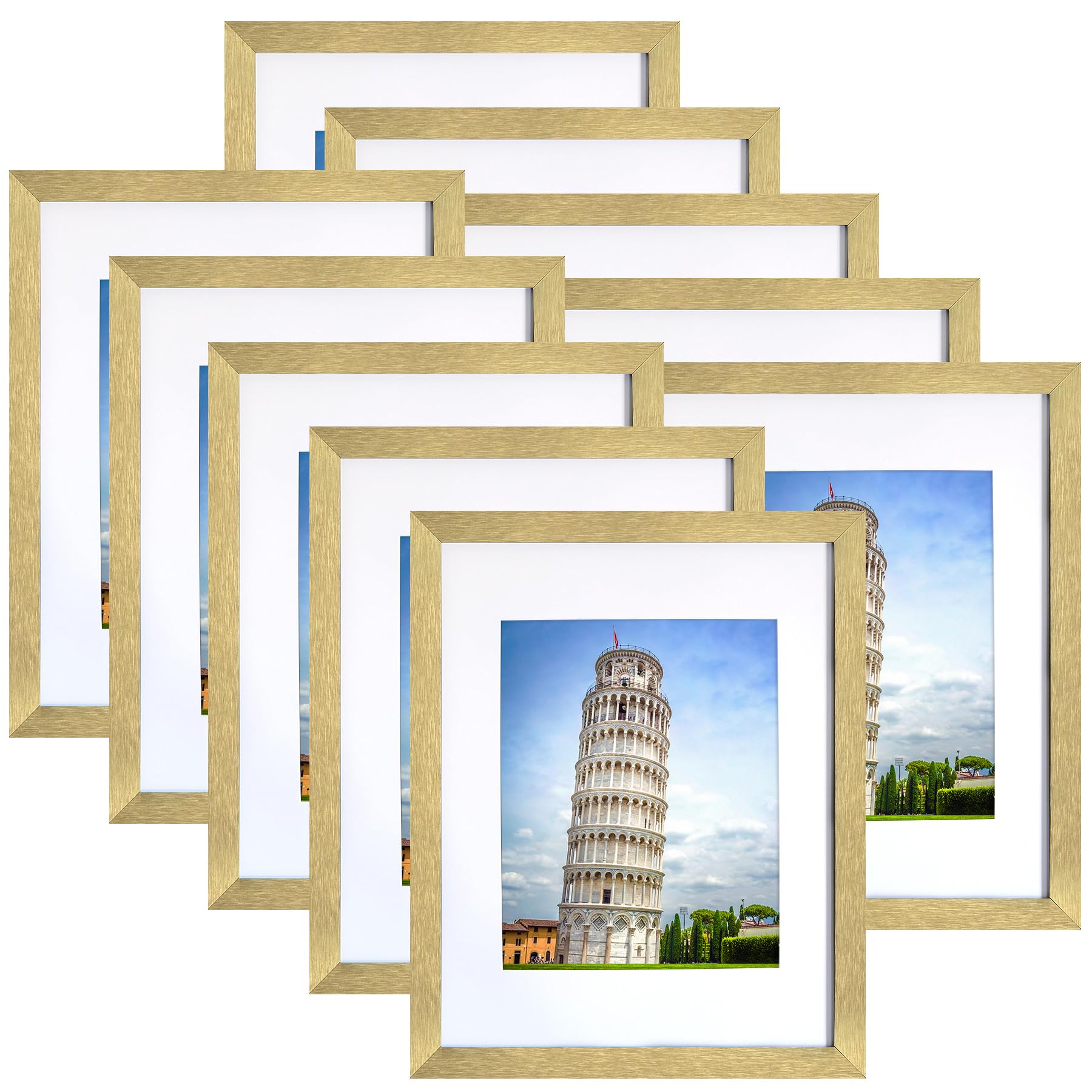 SESEAT 8x10 Picture Frame Set of 10, Display Pictures 5x7 with Mat or 8x10 Prints without Mat, Wall Mounting or Tabletop, Gold