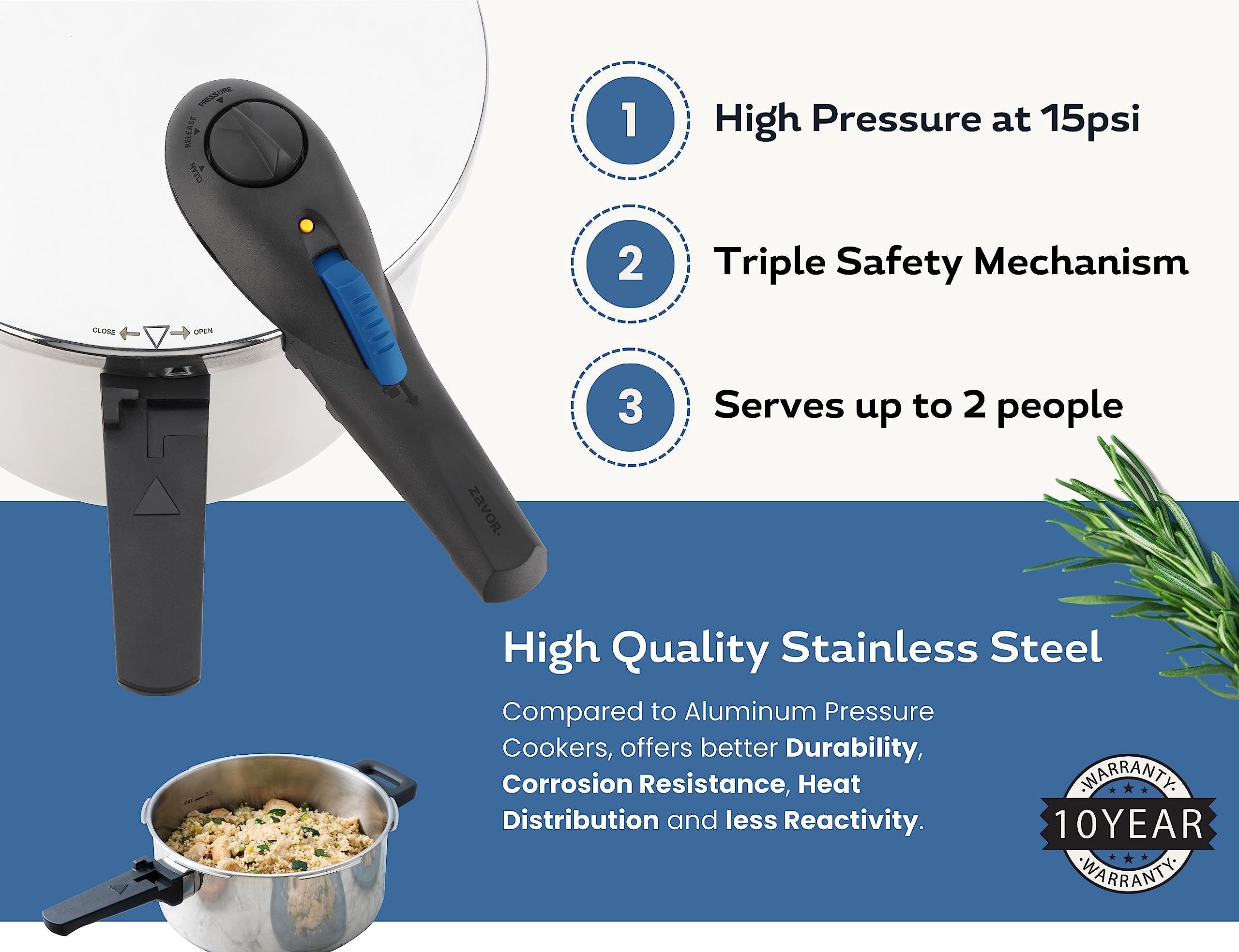 ZAVOR ZPot 4.2 Quart Pressure Cooker, 15-PSI, Polished Stainless Steel, Model ZCWSP01