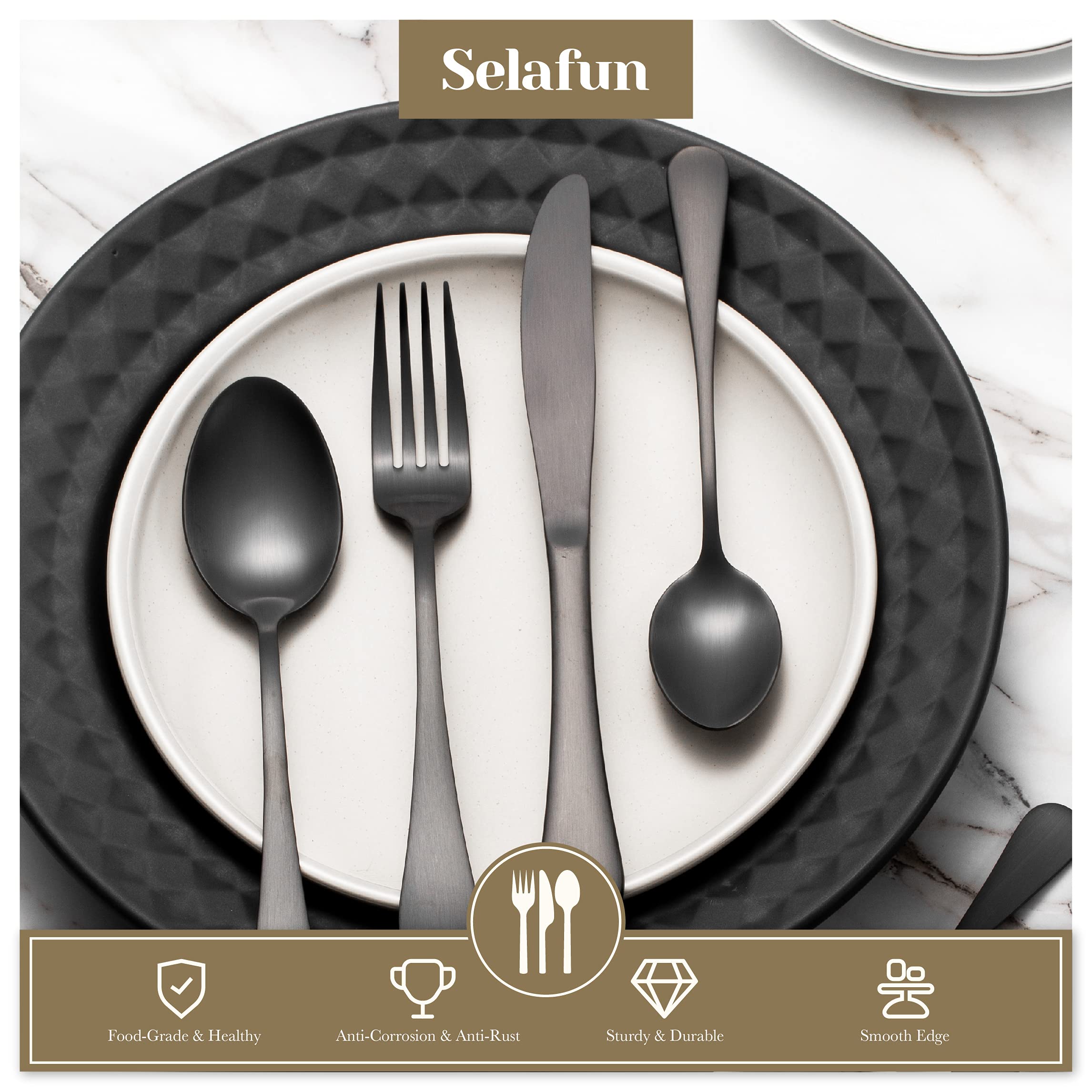 Selafun 24 Piece Matte Black Flatware Set.Stainless Steel Matte Black Silverware Set Titanium Plating Tableware Cutlery Set. Ute