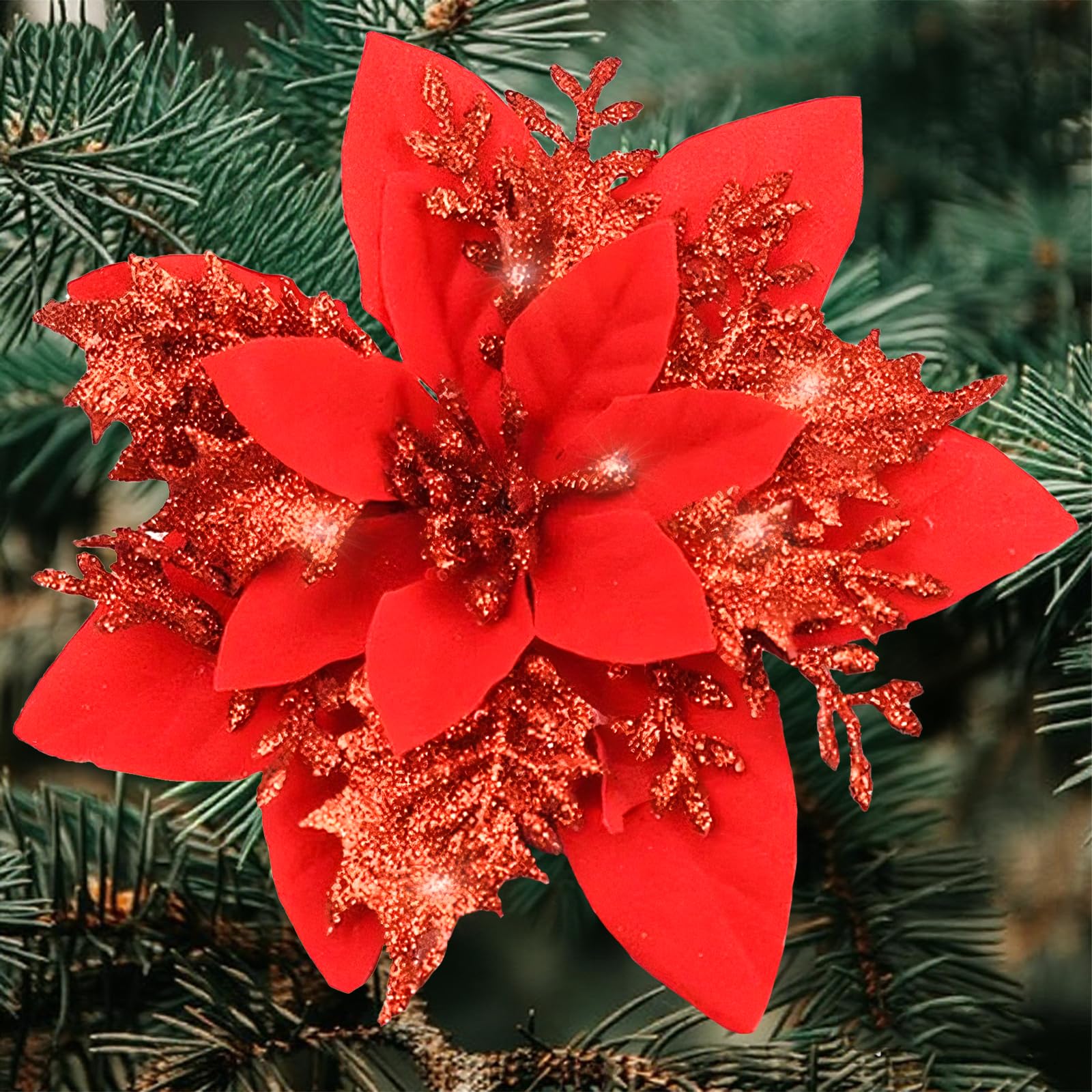 Cliselda 30Pcs Red Poinsettias Artificial Christmas Flowers with Clips, 5.5 Glitter Artificial Flower Poinsettia Decorations Chr