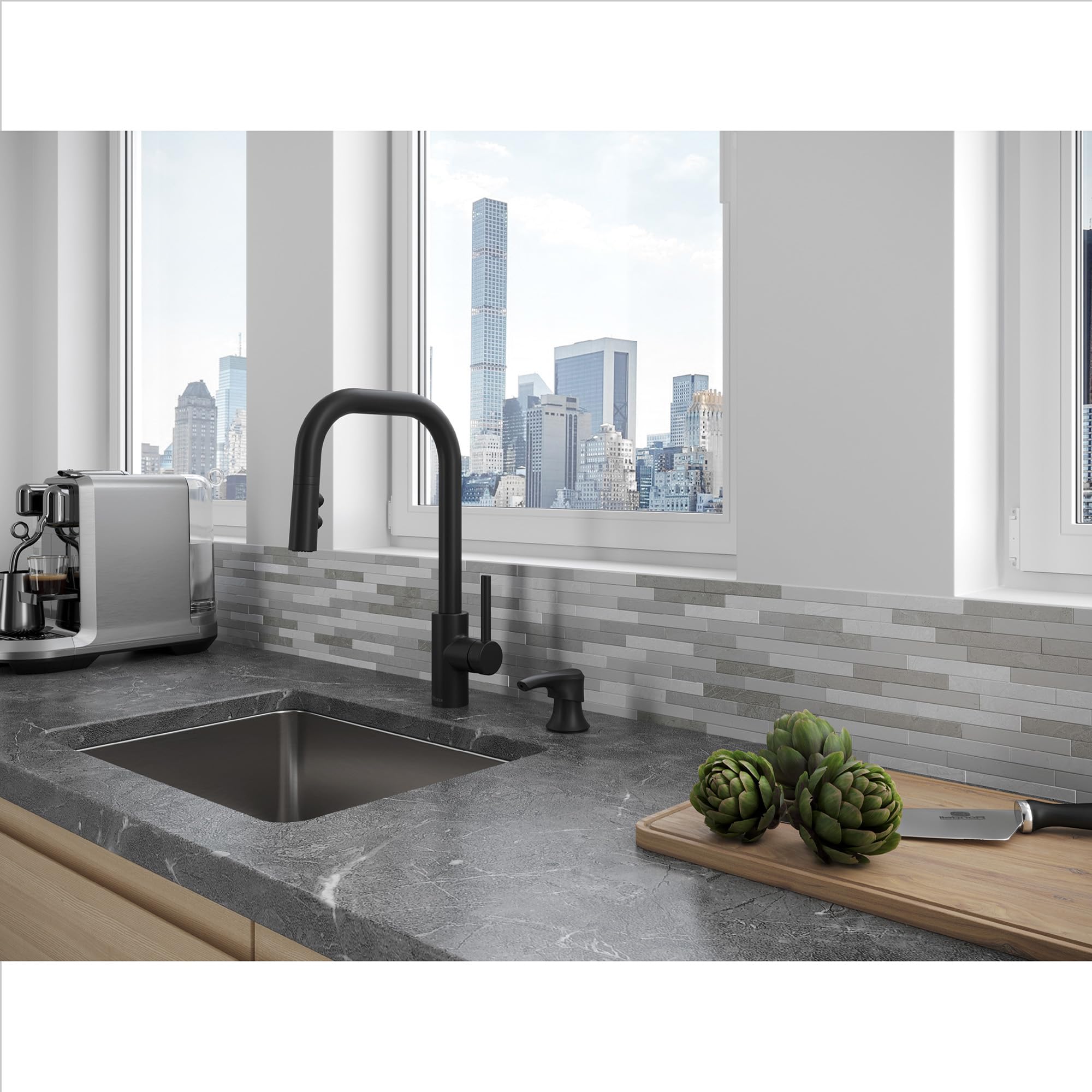 Pfister Zanna Kitchen Faucet With Pull Down Sprayer And Soap Dispenser, Single Handle, High Arc, Matte Black Finish, F5297Znrb