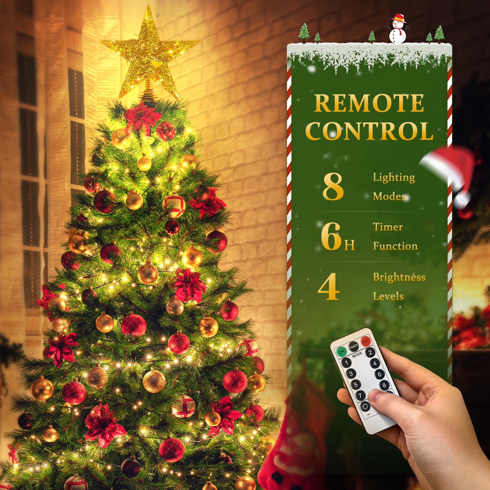 Gold Christmas Tree Star Topper with Lights, 8.5-Inch Light-Up Christmas Tree Topper with Remote Control, 4 Brightness Levels &