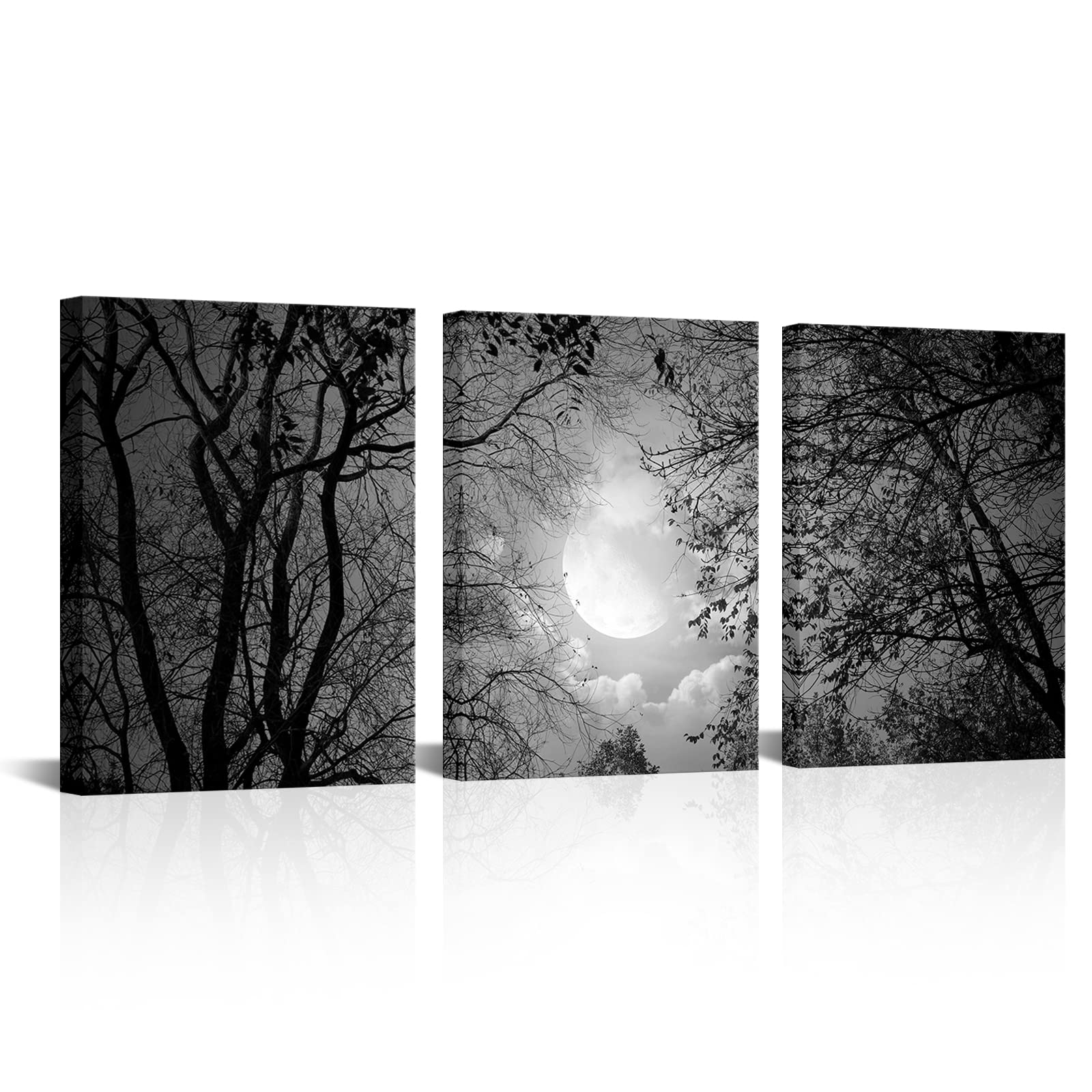 Visual Art Decor Black And White Full Moon Forest Trees Picture Goth Room Decor Canvas Wall Art Framed Artwork Gothic Home Decor