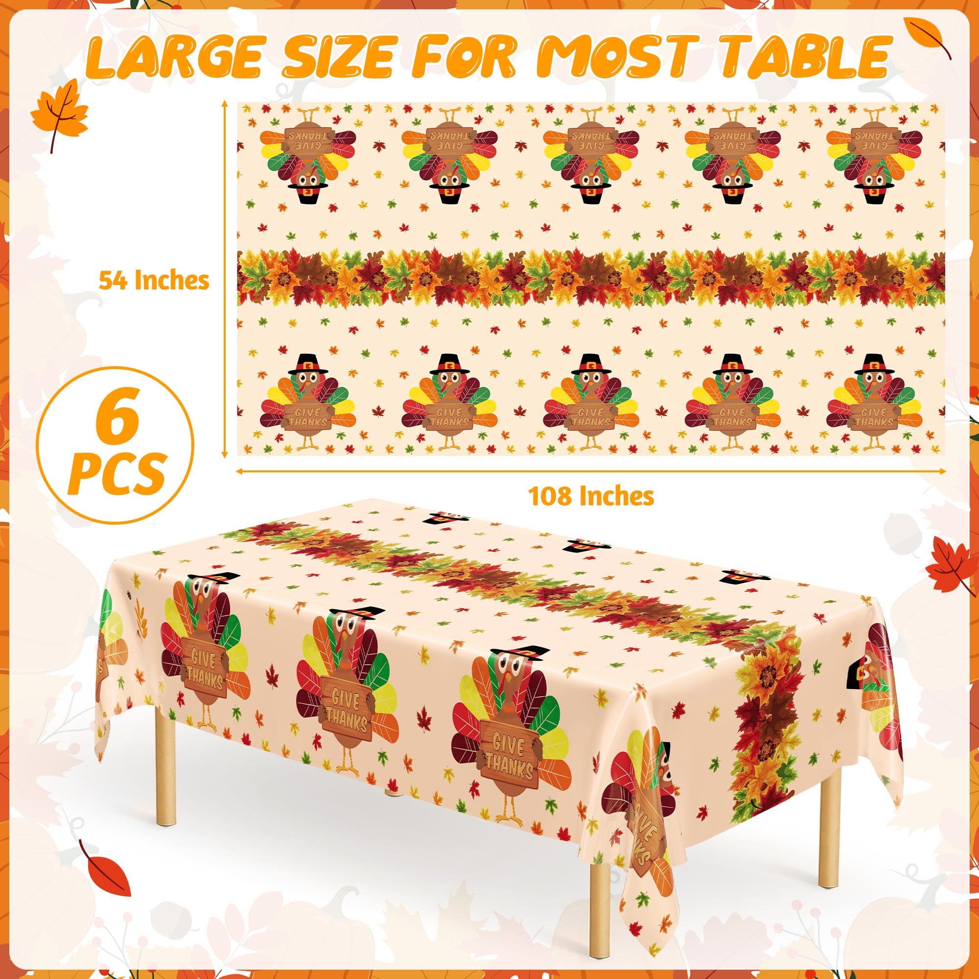 6 PACK Thanksgiving Disposable Tablecloths, 54 x 108 Fall Plastic Tablecloth, Maple Leaves Turkey Table Cloth Rectangle Tablecov