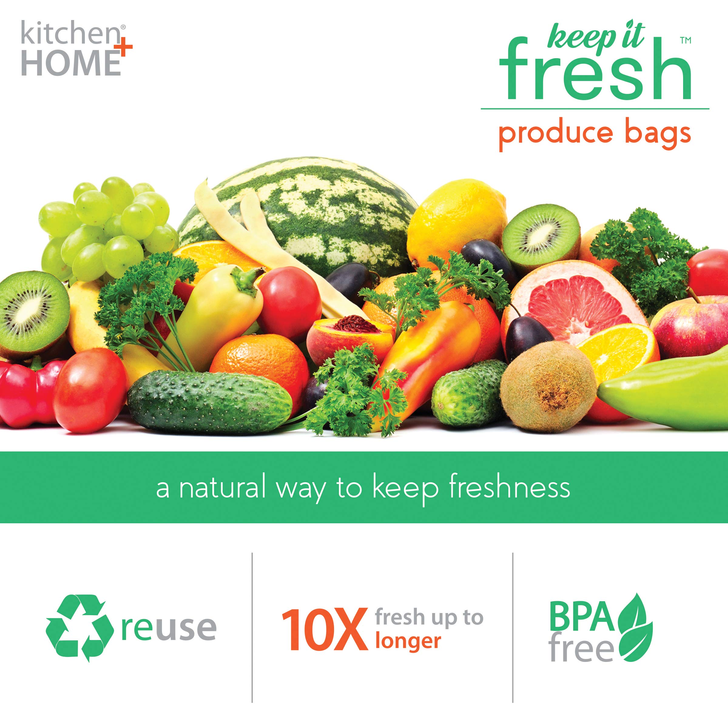 Keep It Fresh Produce Bags - 90 Reusable Bpa Free Freshness Green Bags & Twist Ties - Keeps Fruits, Veggies, And Flowers Fresher