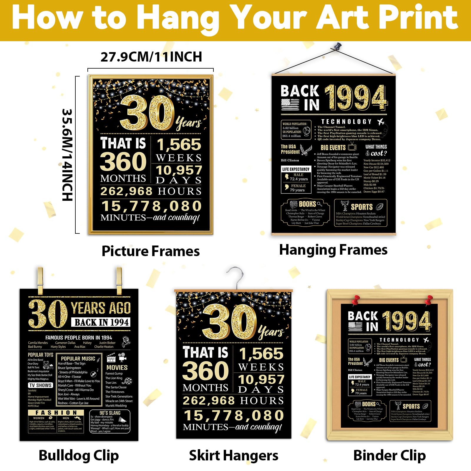 30 Years Ago 30th Birthday Wedding Anniversary Poster 3 Pieces 11 x 14 90s Party Decorations Supplies Large Sign Home Decor Black & Gold Wall Art Prints for Men and Women (Back in 1994-30 Years)
