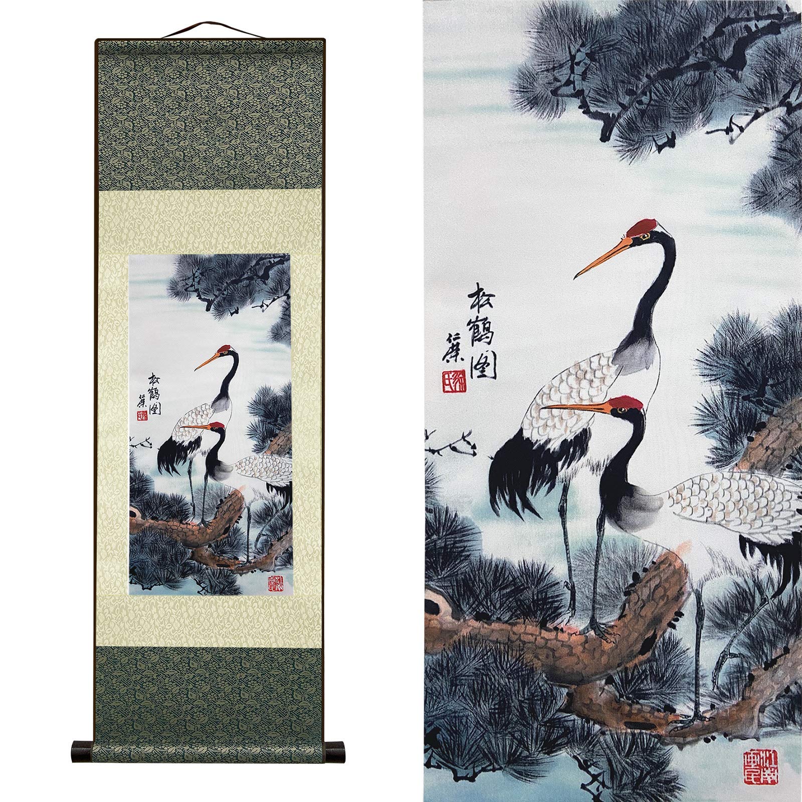 Atfart Asian Wall Silk Scrolls Decor Beautiful Painting White Crane - Red Crowned Crane - Grus Japonensis Oriental Decor Chinese