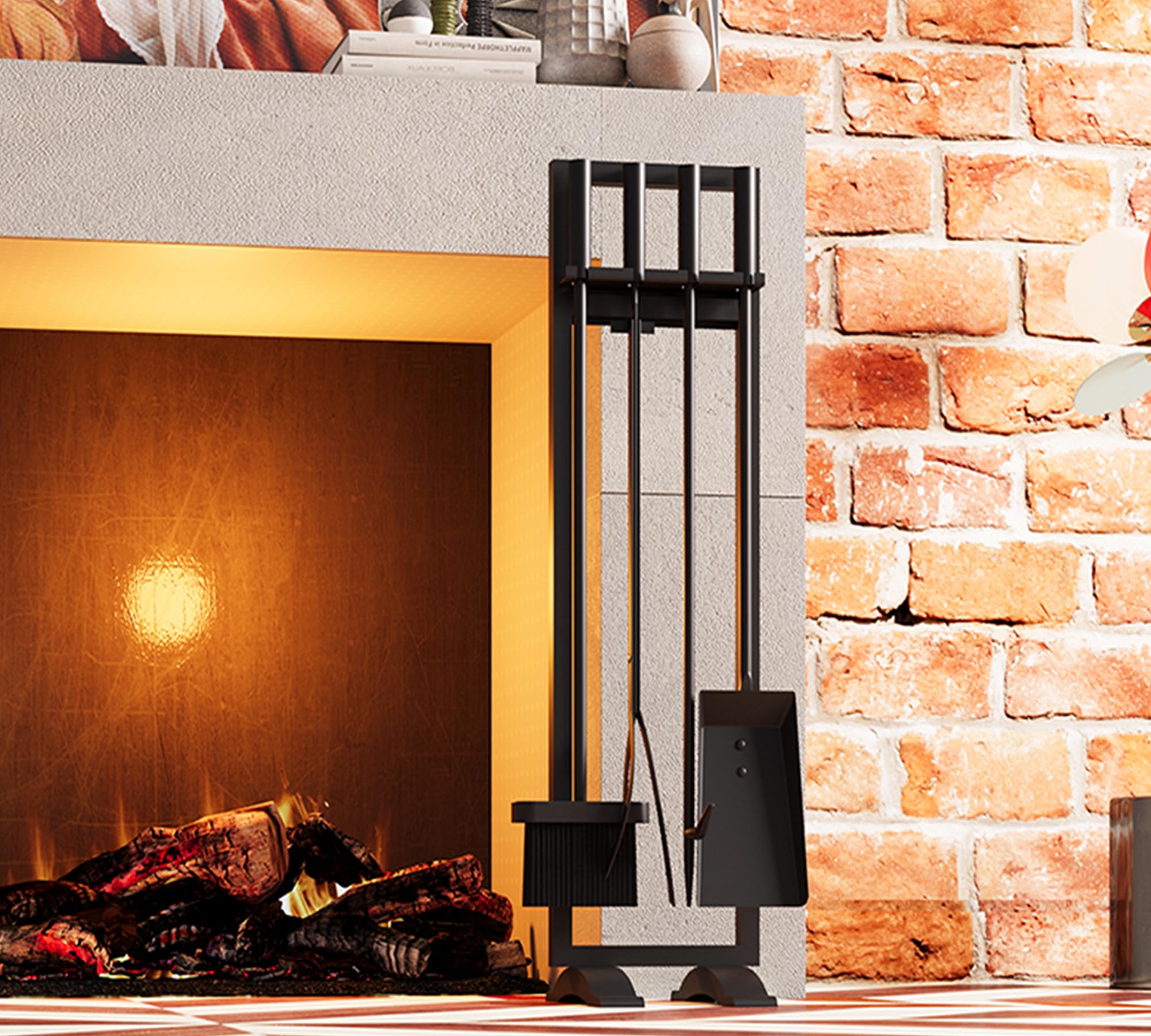 Fire Beauty Fireplace Tools Set 5 Pieces Fireside Accessories Fire Kit Stand Woodstove Tools Holder Wrought Iron Handle Indoor F